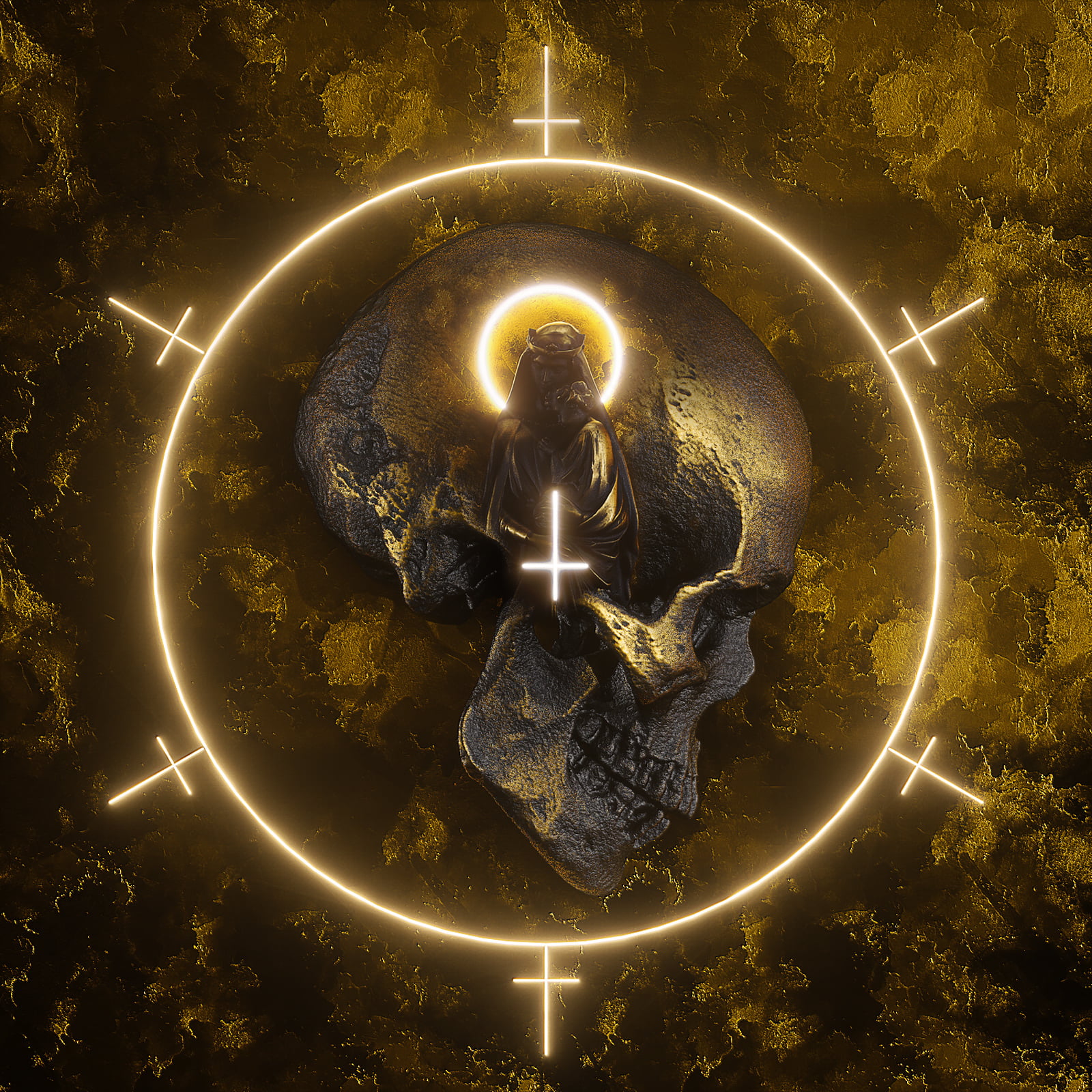 billelis, skull, cult, gold, 3D, artwork, digital