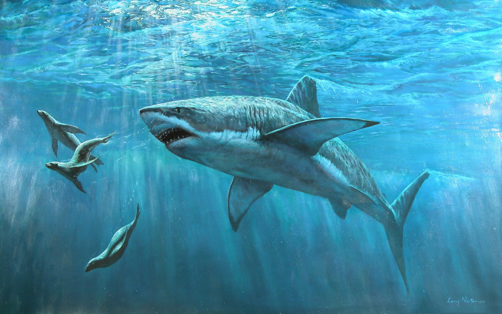 great white shark swimming near three seals painting, WATER, The WORLD