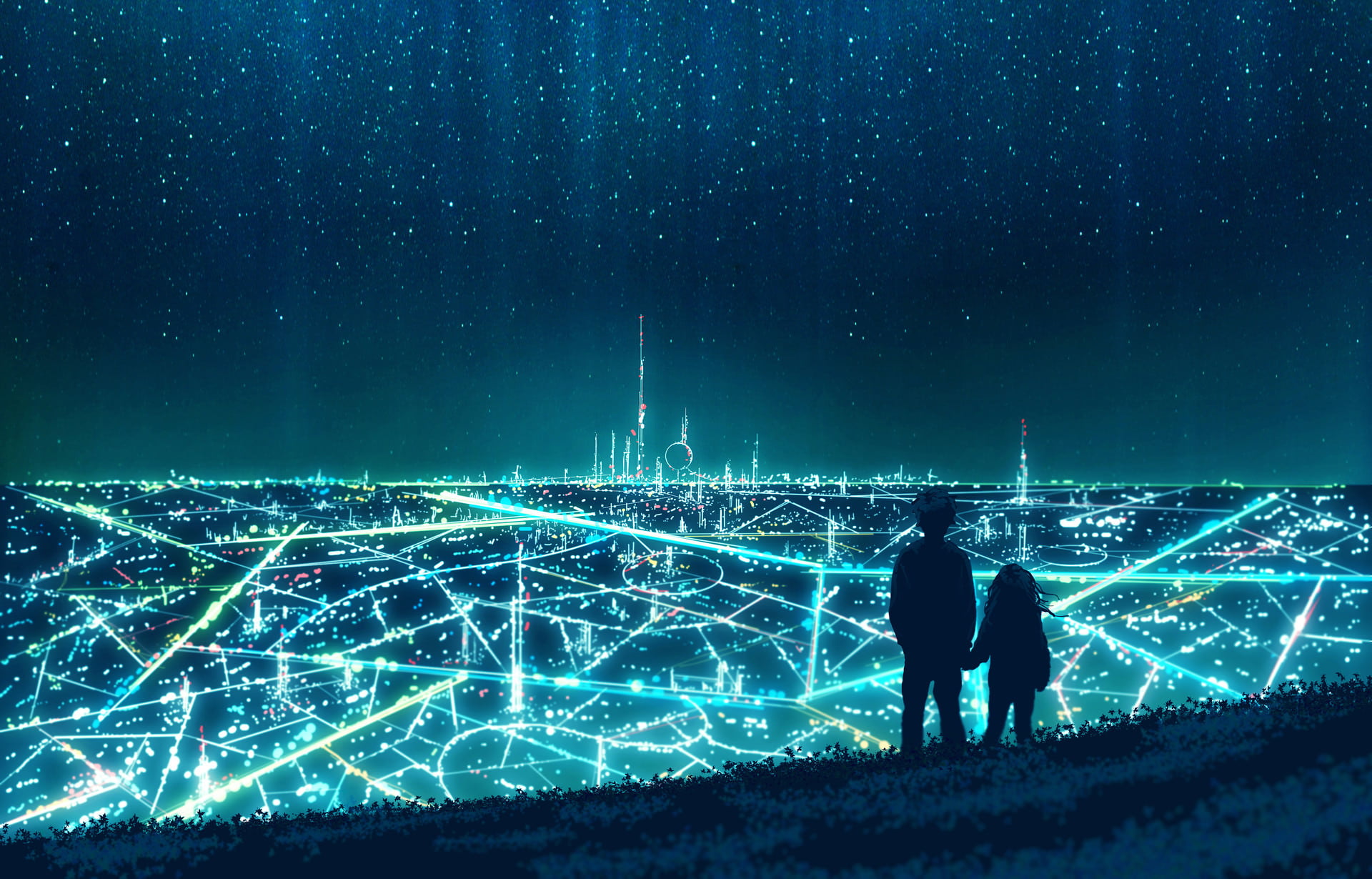 silhouette of two anime character illustration, city, stars, neon