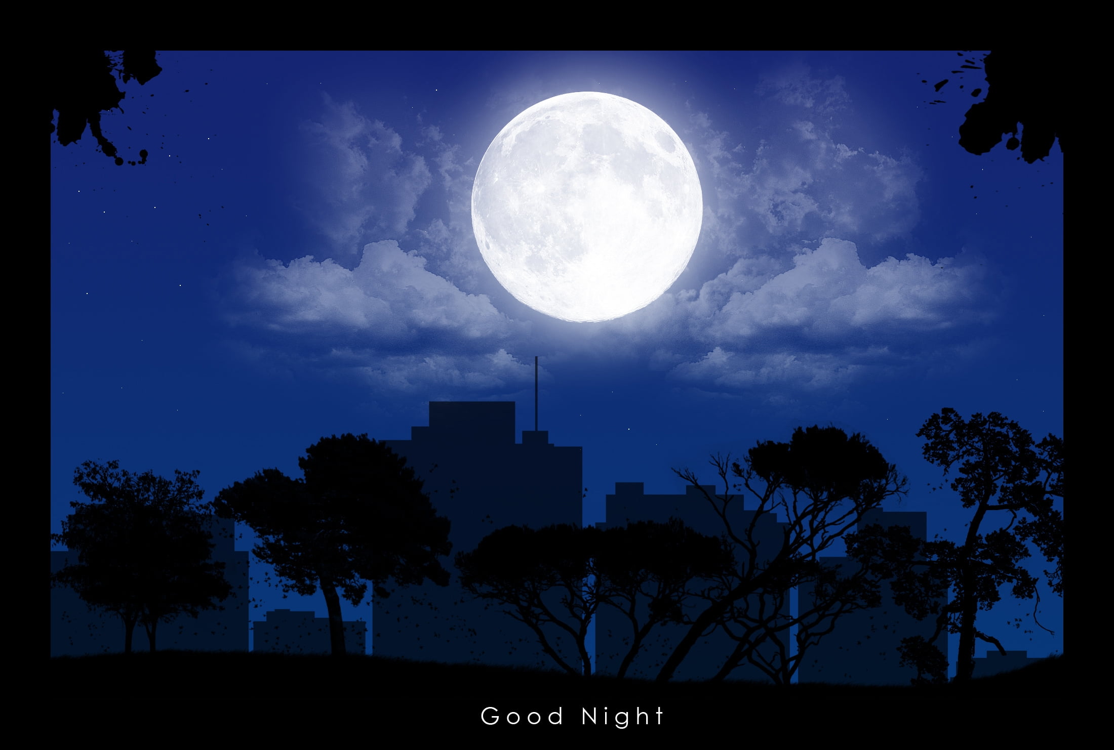 full moon with good night text overlay, city, buildings, shadows