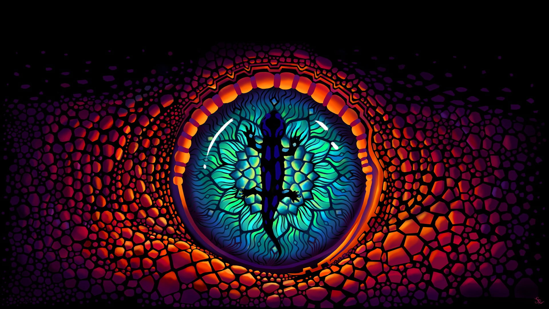blue, green, and orange reptile eye optical illusion illustration