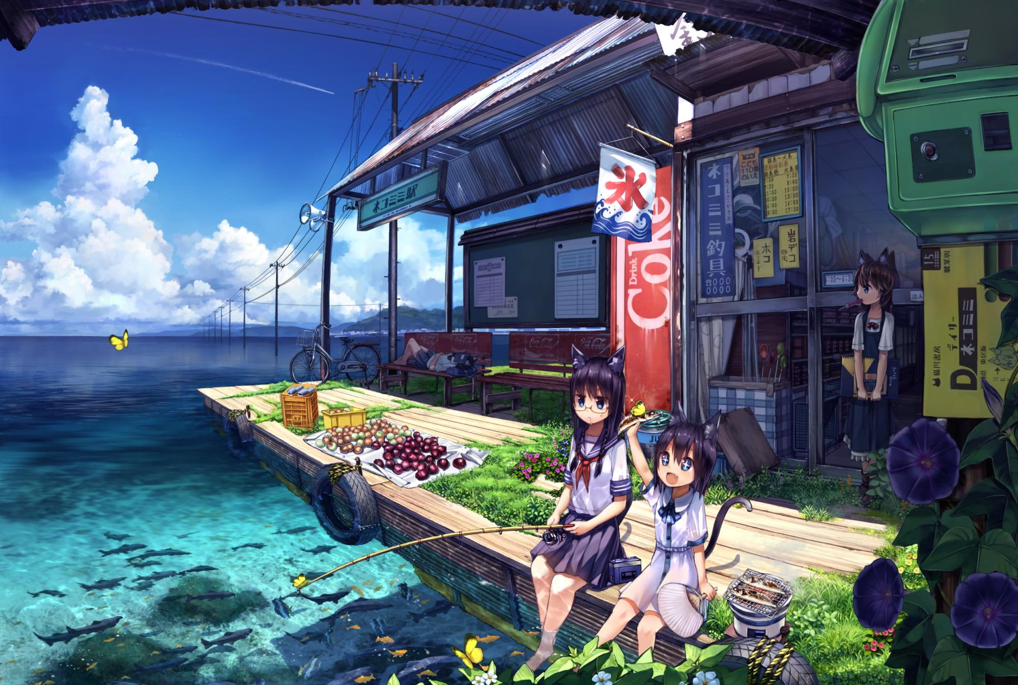 Anime Girls, Fishing, Sea, Nekomimi, Clouds, Water, 2000x1346