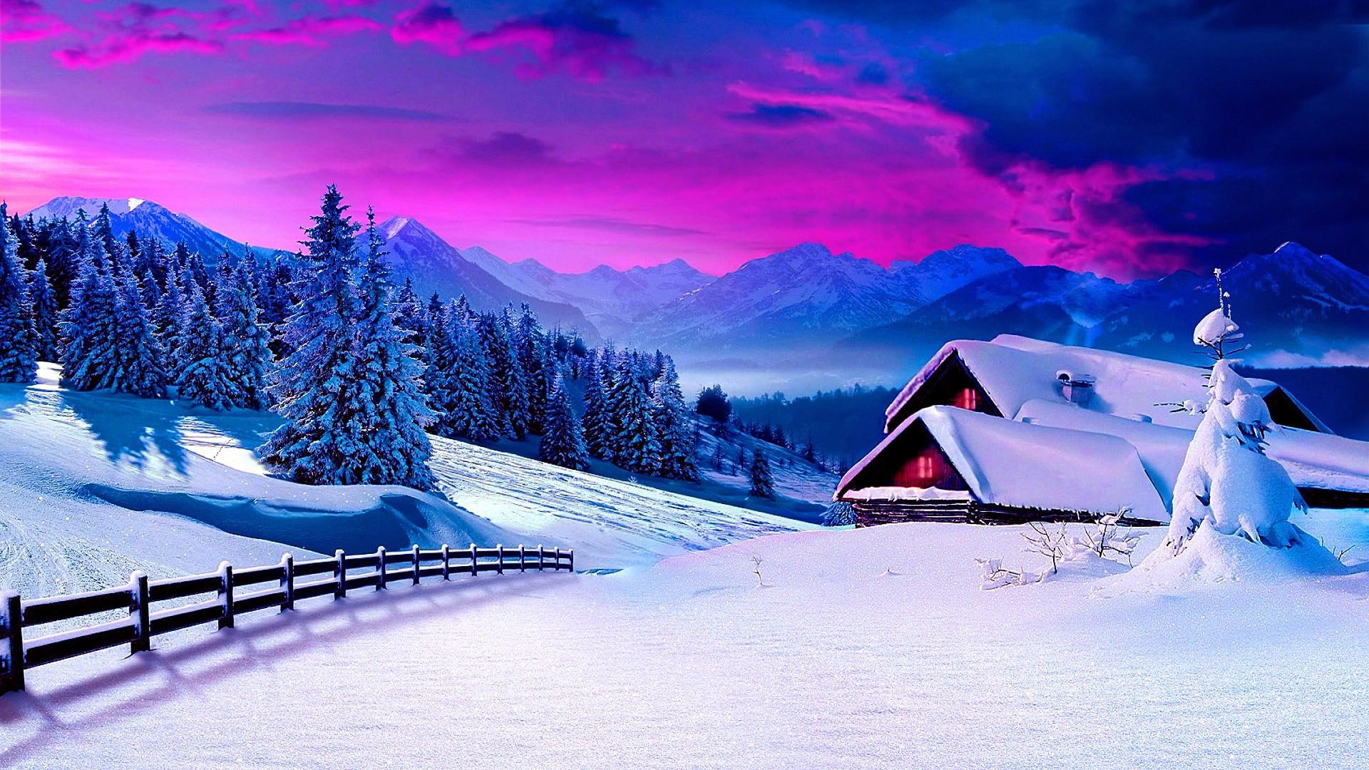 snowy, winter, blue, nature, sky, freezing, house, mountain range