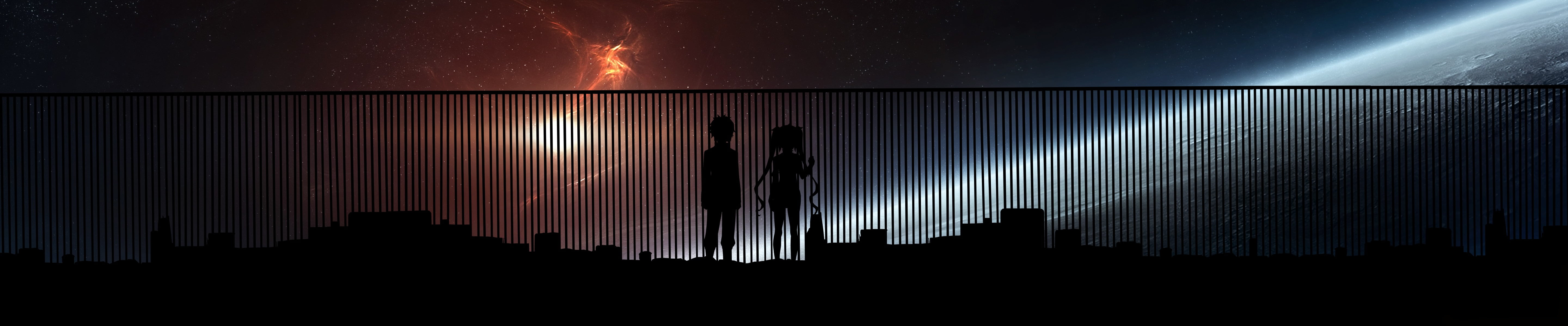 silhouette of two person standing on bridge photography, Dungeon ni Deai wo Motomeru no wa Machigatteiru Darou ka