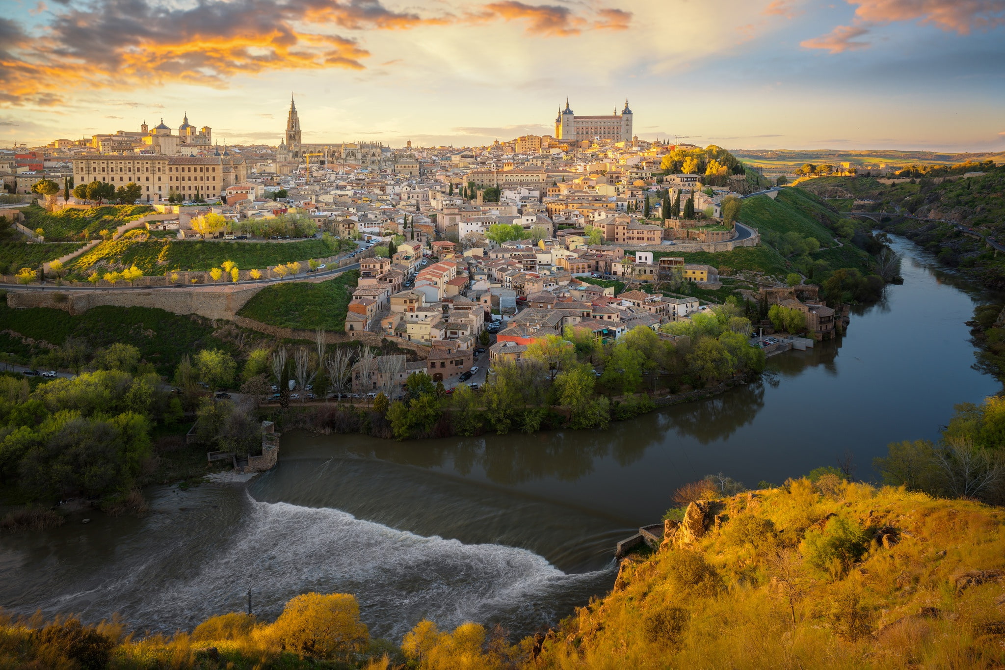 river, building, home, panorama, Spain, Toledo, Tagus River