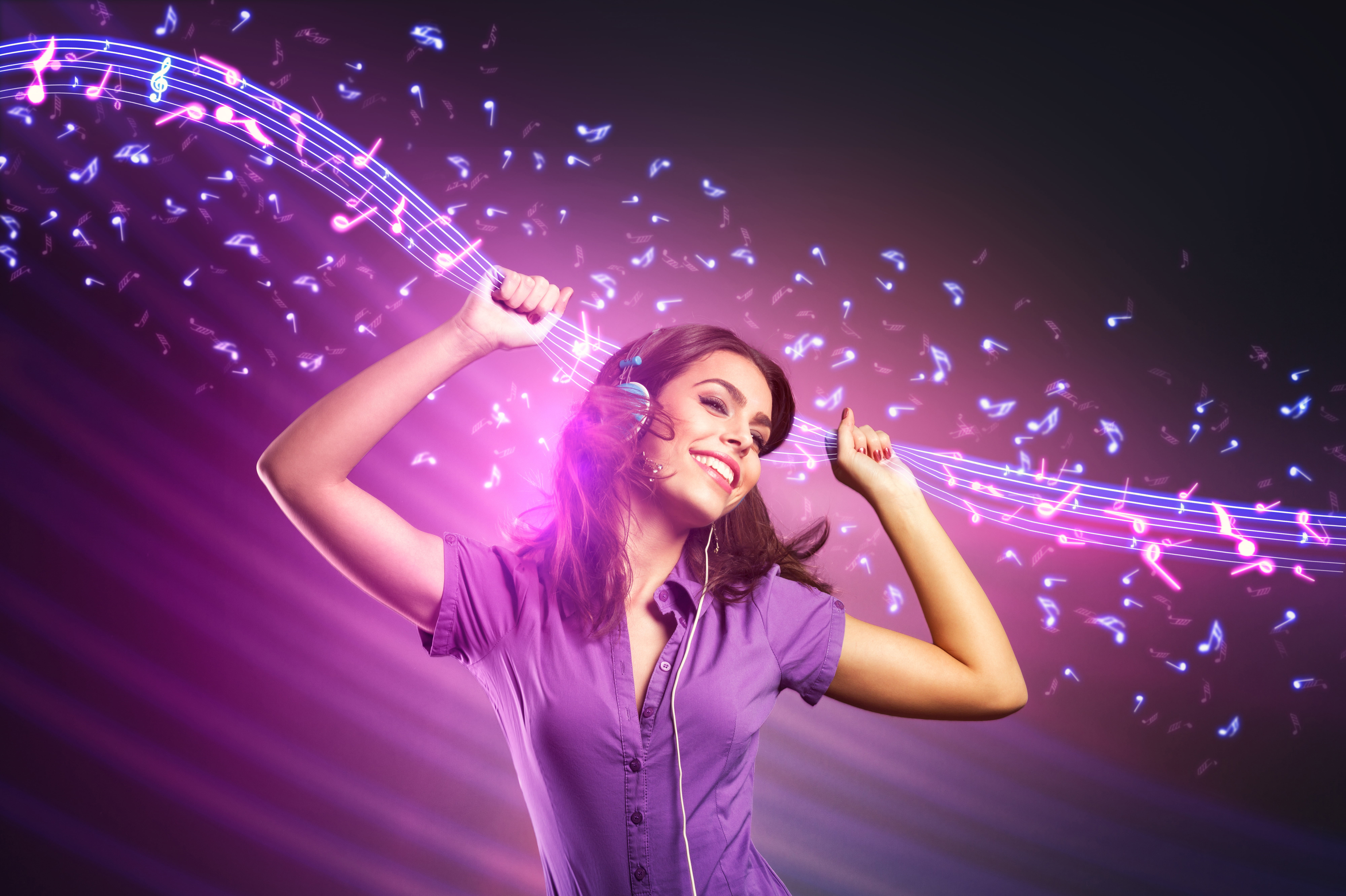 women's purple button-up t-shirt, girl, music, background, headphones