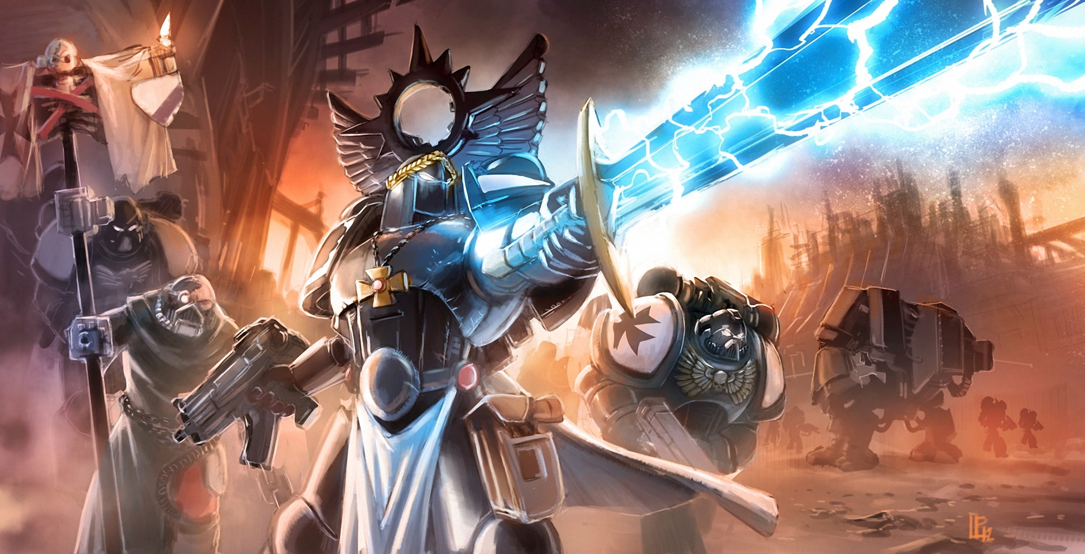 knight holding electric sword digital wallpaper, weapons, lightning