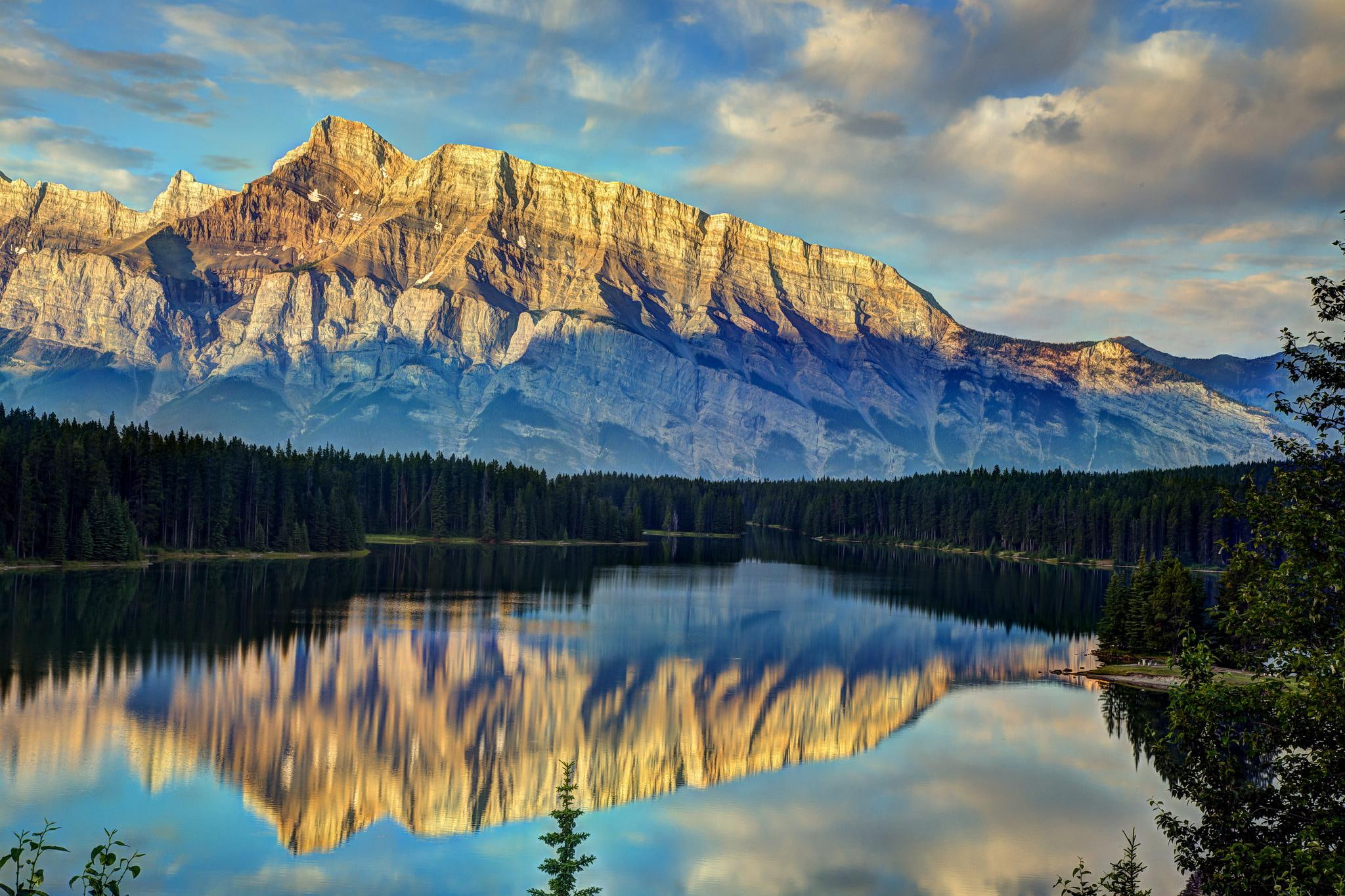 mountains, trees, reflection, sky, clouds, landscape