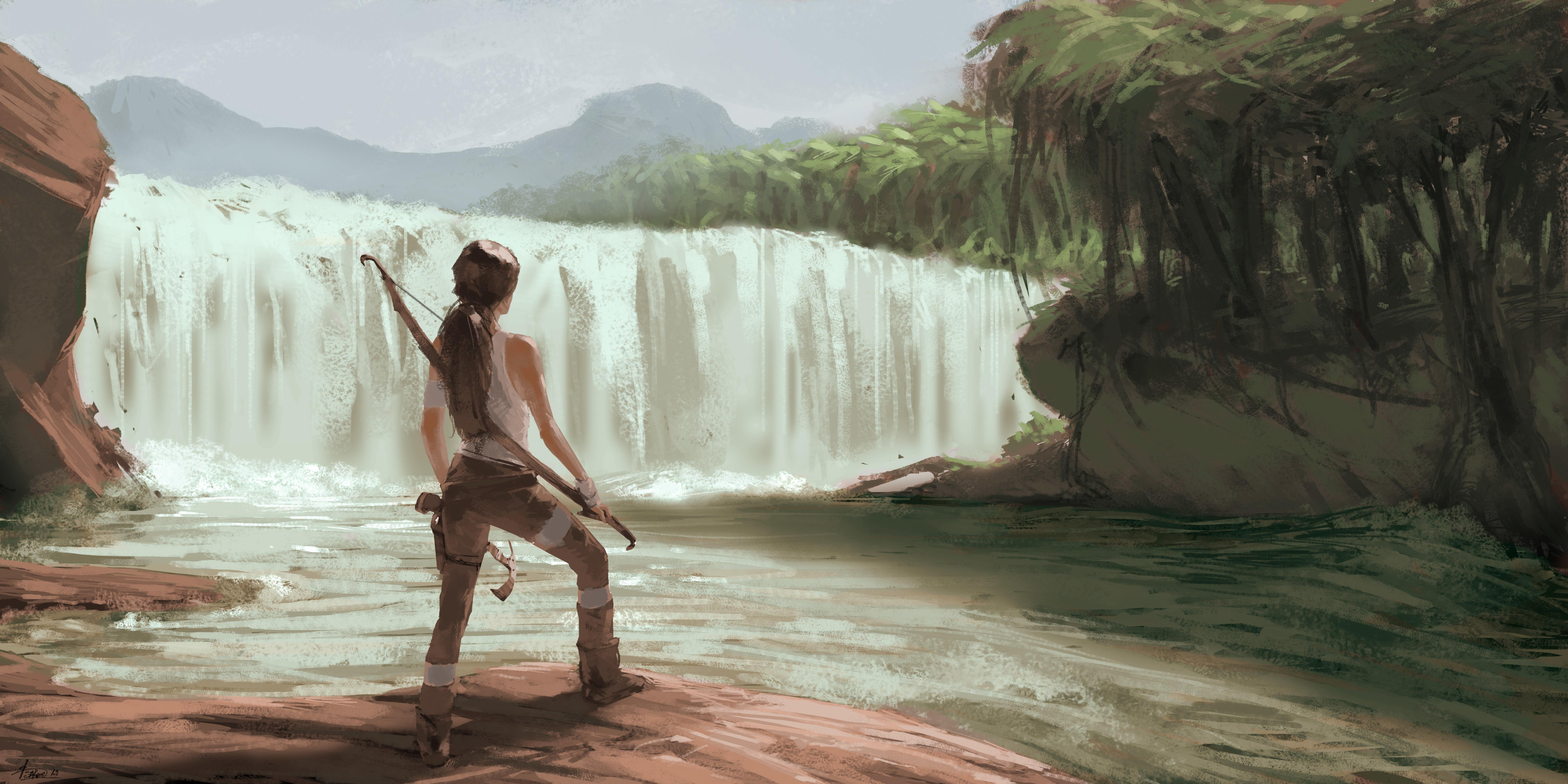 Waterfalls Nature, woman in white tank top wearing bow near waterfalls painting