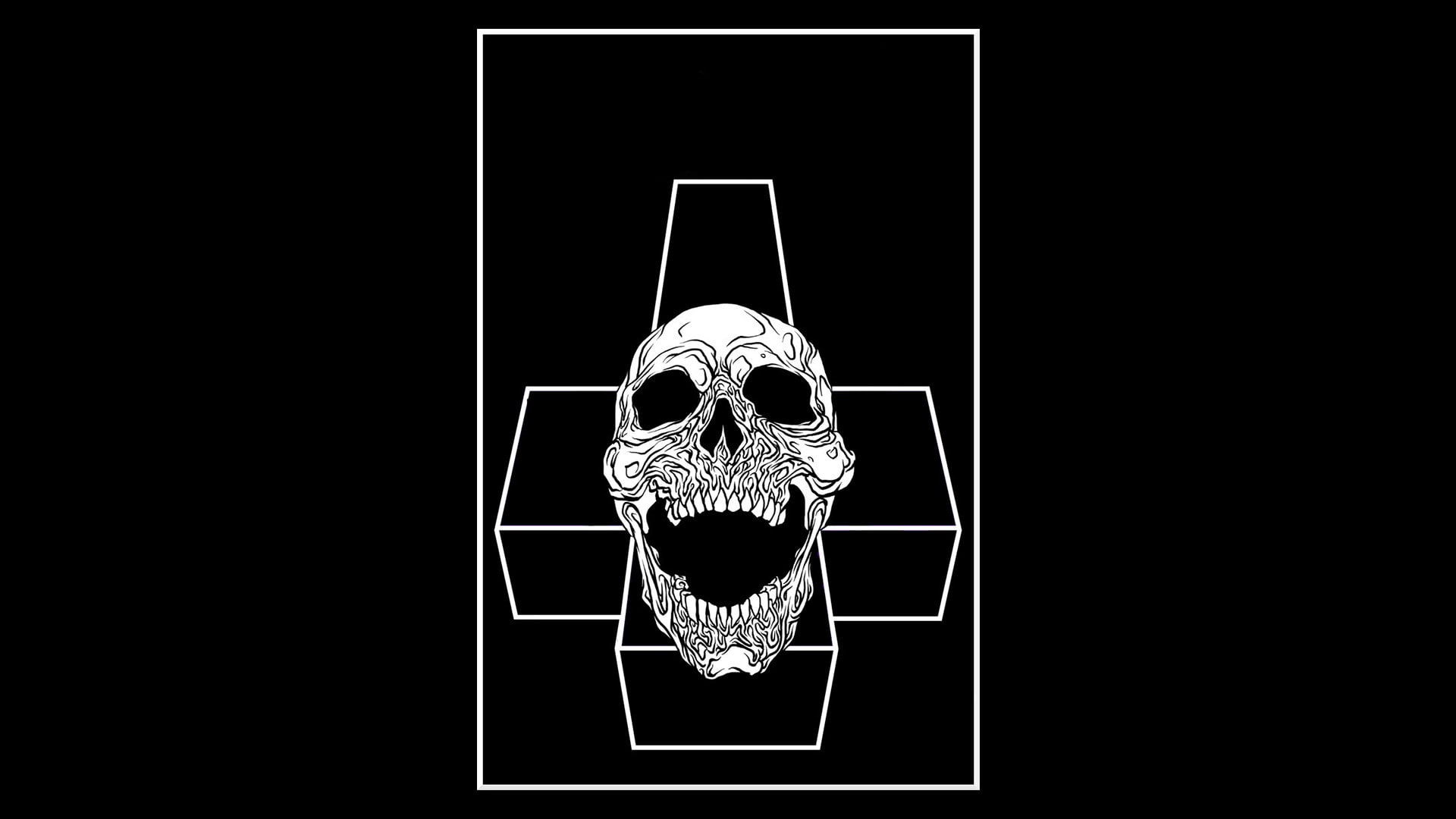 gost, skull, musician, 1980s, black background, indoors, no people