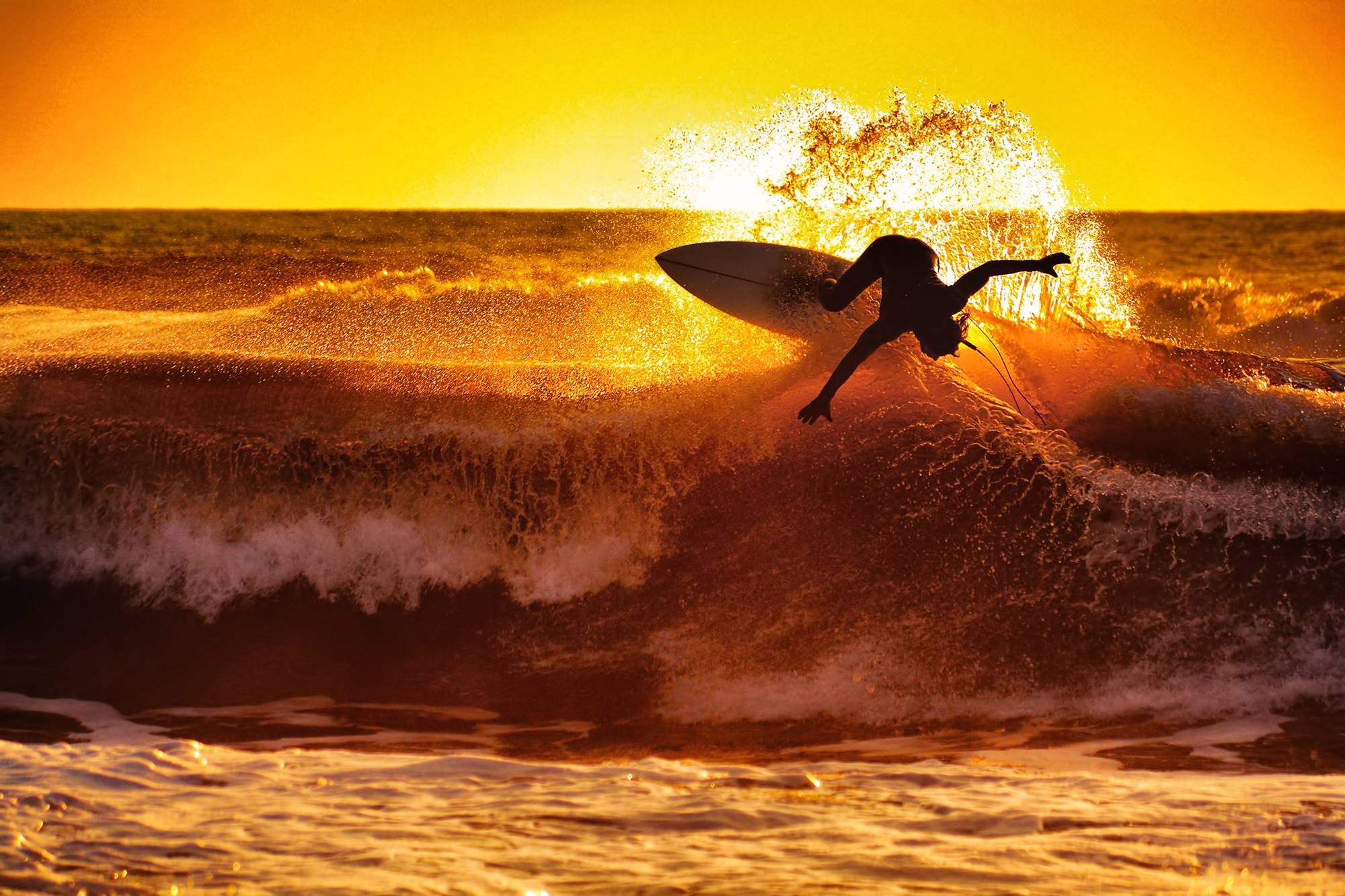 white surfboard, surfing, waves, sunset, sport, water, sea, motion
