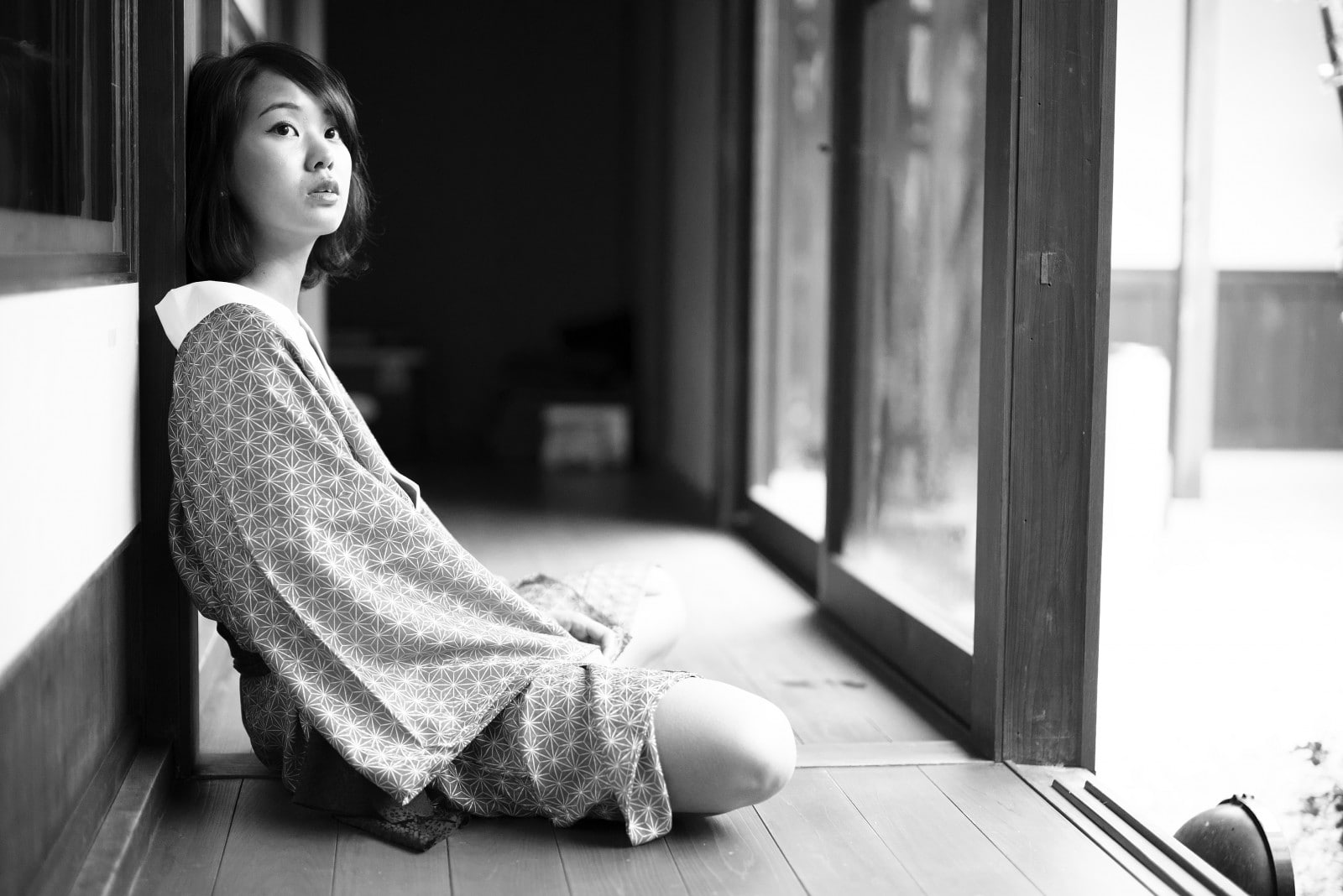 Japanese Art, pyjamas, sitting, skirt, photography, monochrome