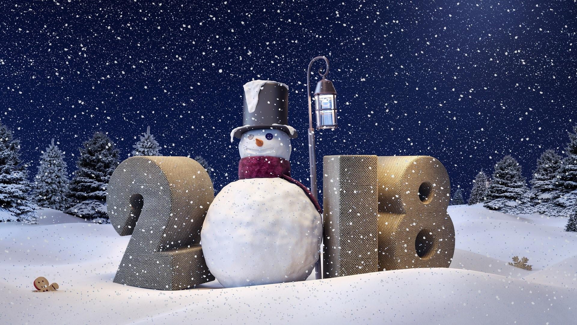 2018, snowman, snowfall, snowing, lantern, winter, freezing