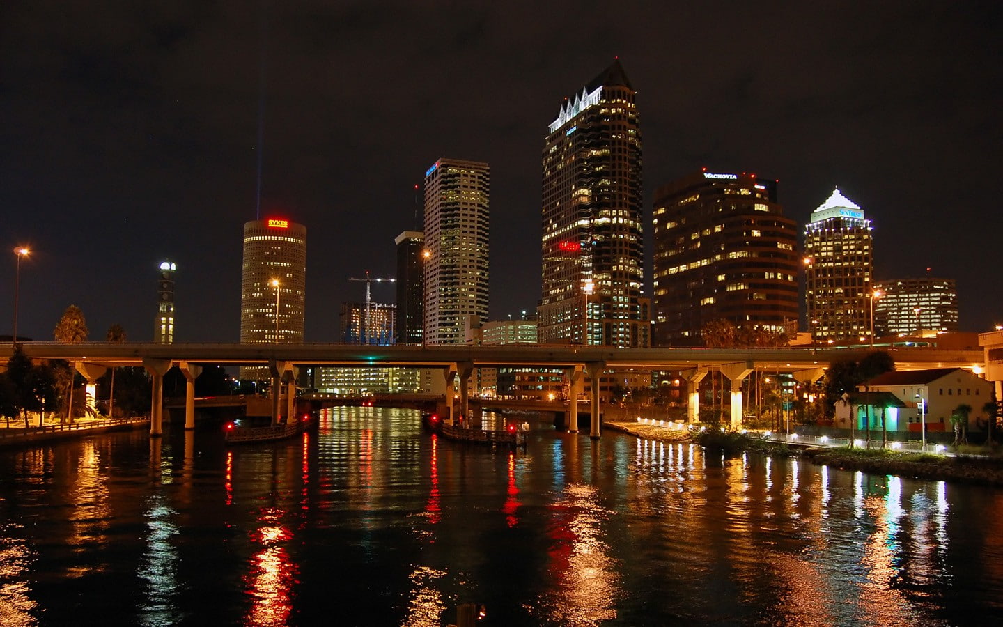 cityscape, building, bridge, lights, river, reflection, Tampa