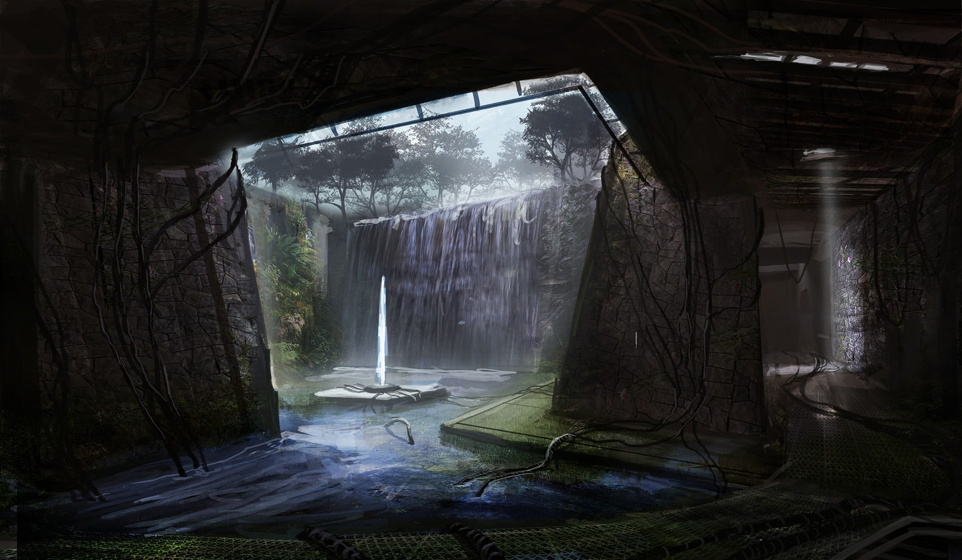 waterfalls digital artwork, apocalyptic, futuristic, no people