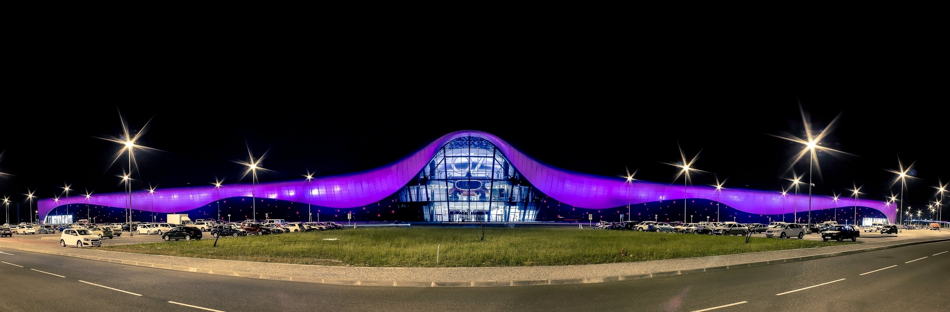 purple and white stadium, night, lights, The city, Russia, Kuban