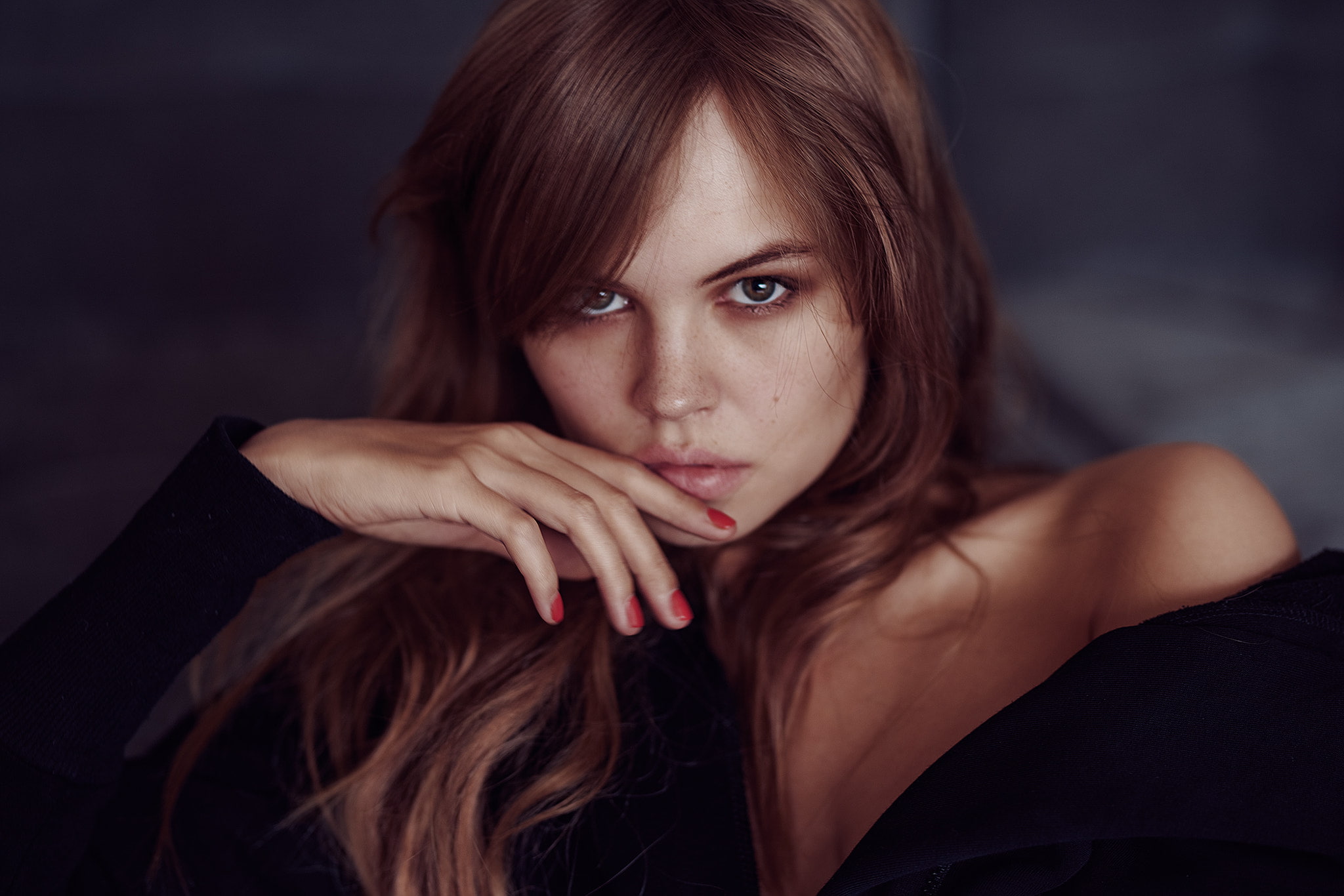 women, Anastasia Scheglova, red nails, portrait, finger on lips