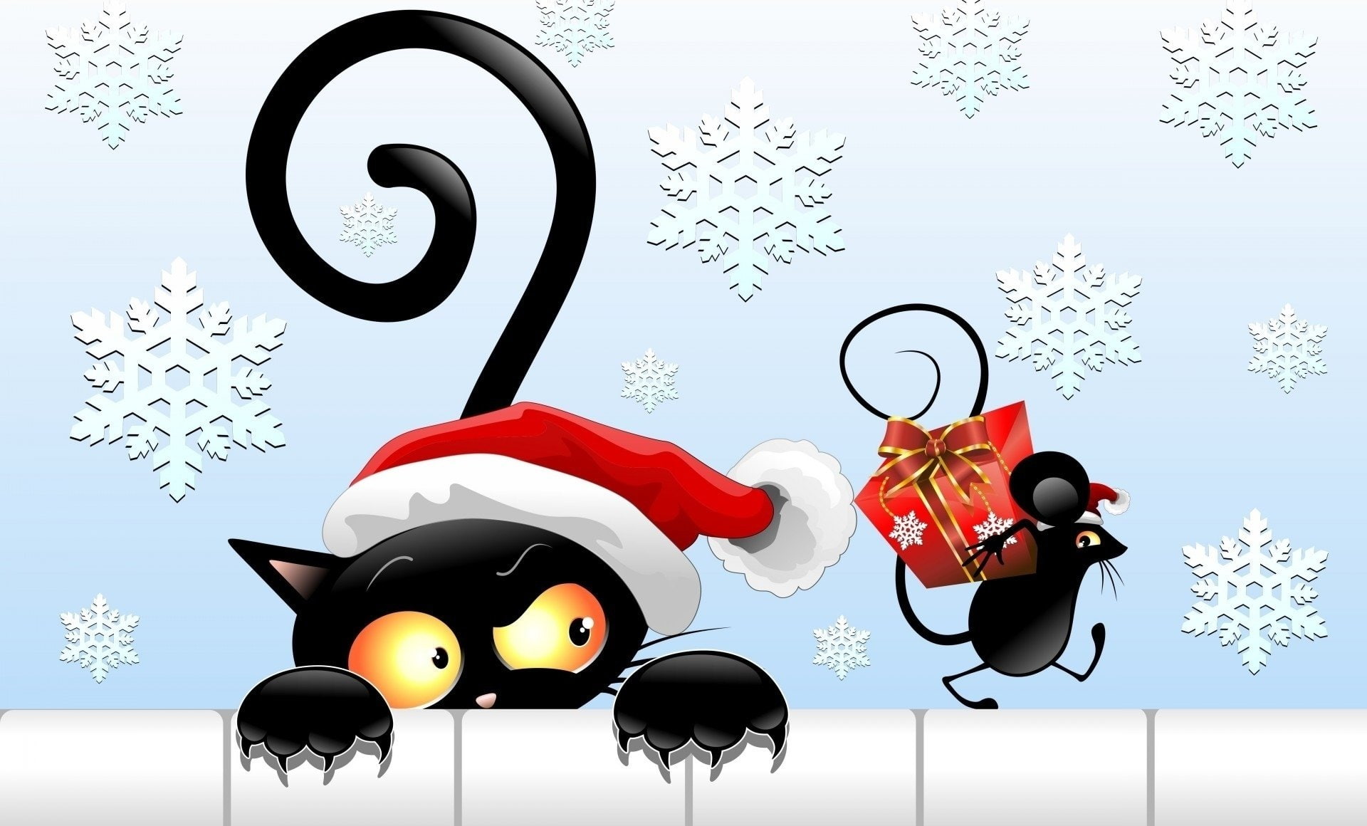 Humor, Christmas, Cat, Gift, Mouse, Santa Hat, Snowflake