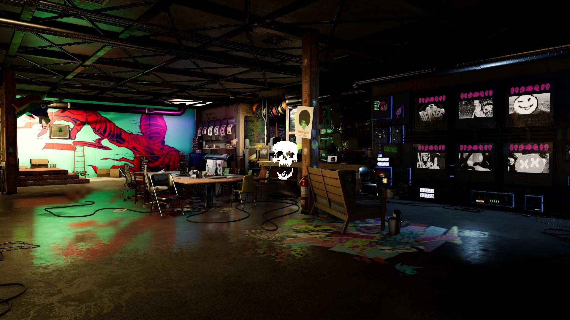 skull painting, Watch_Dogs, DEDSEC, Watch_Dogs 2, indoors, illuminated