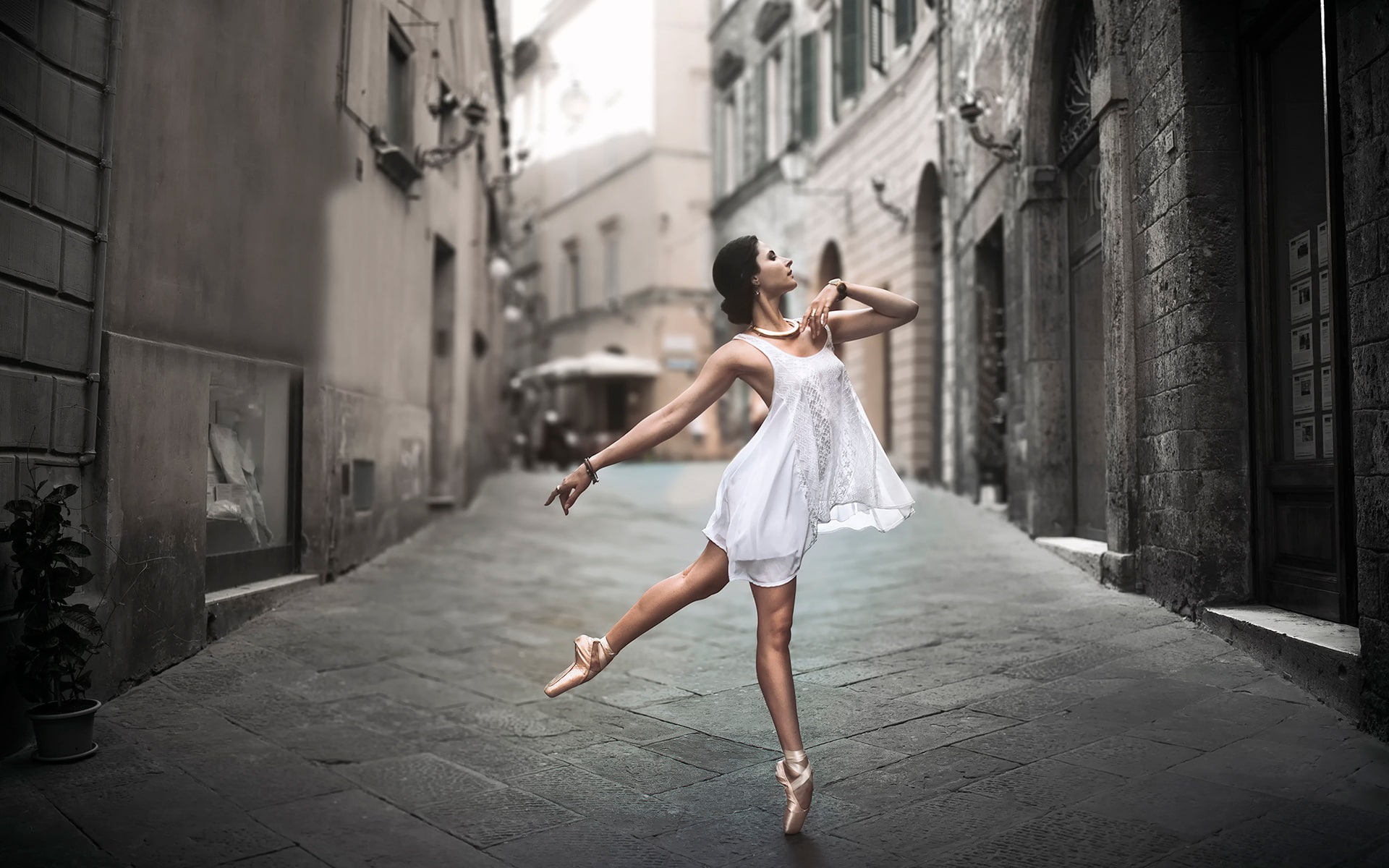White dress girl dance in the street, ballerina's white tank dress