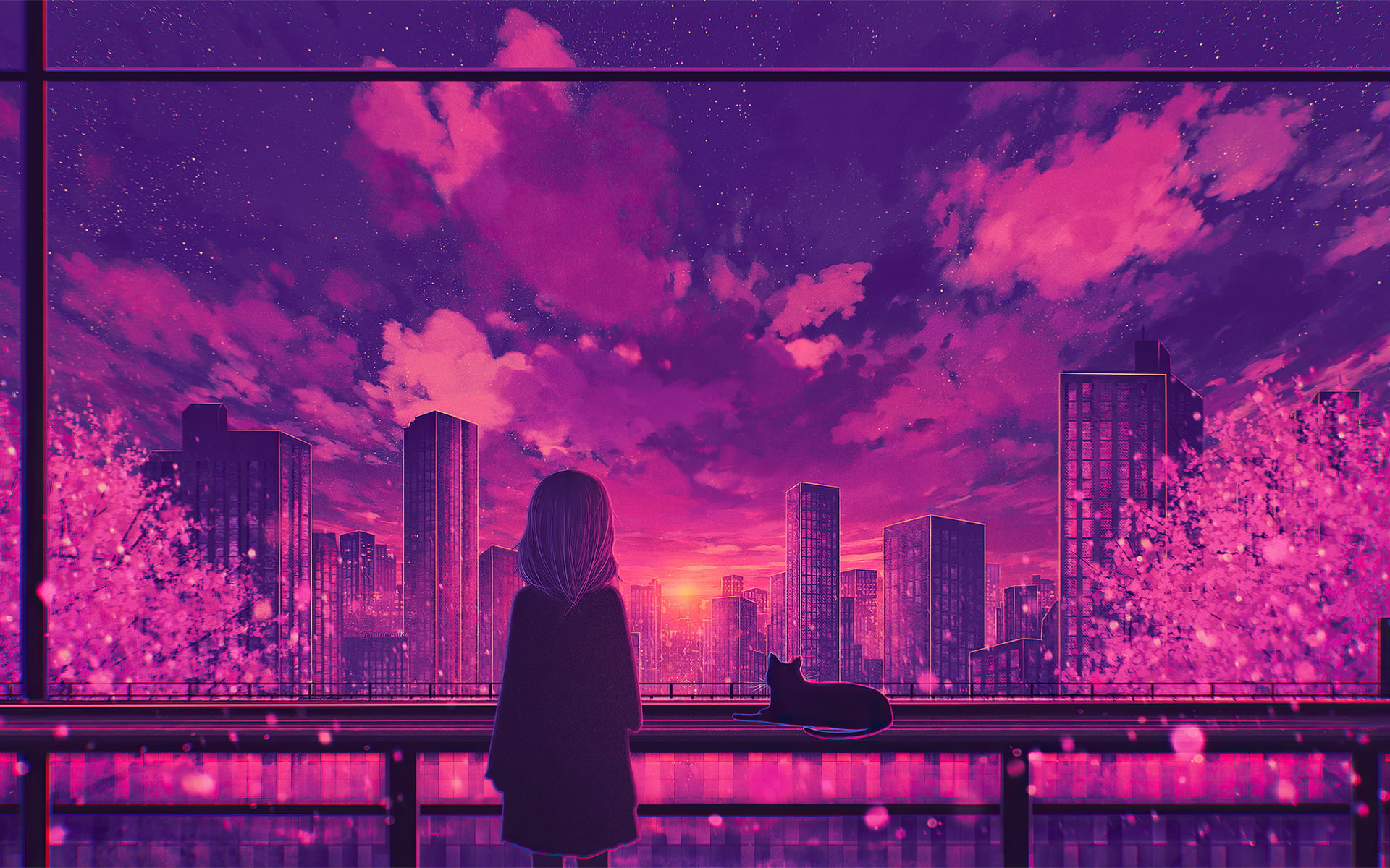 anime girls, evening, sunset, sunset glow, cats, city, clouds