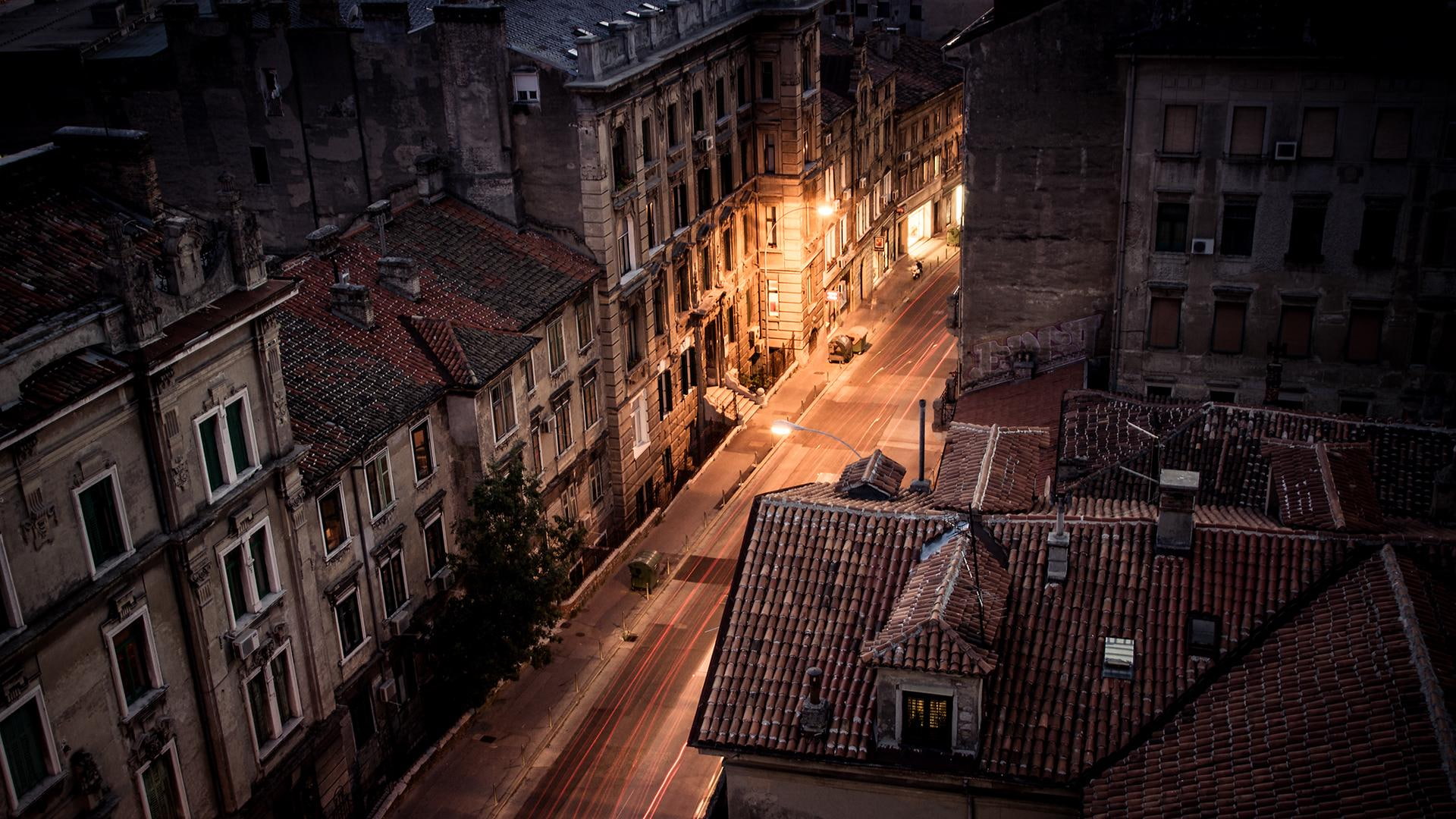 Strossmayer Street In Rijeka Croatia At Night, lights, roofs