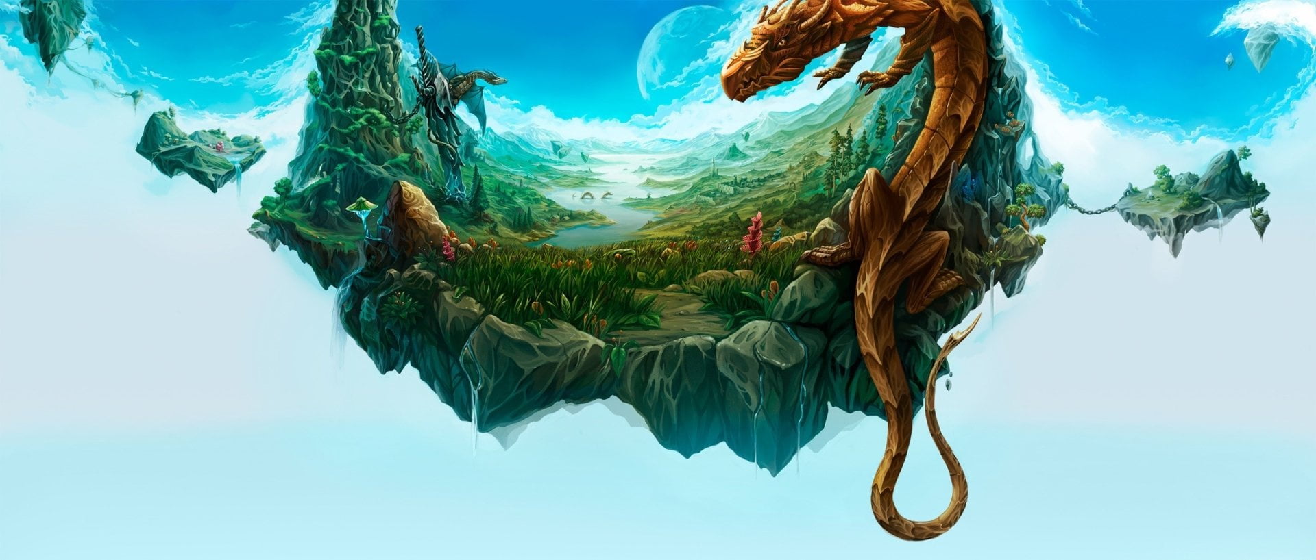 Fantasy, Dragon, Floating, Island, Landscape, water, nature