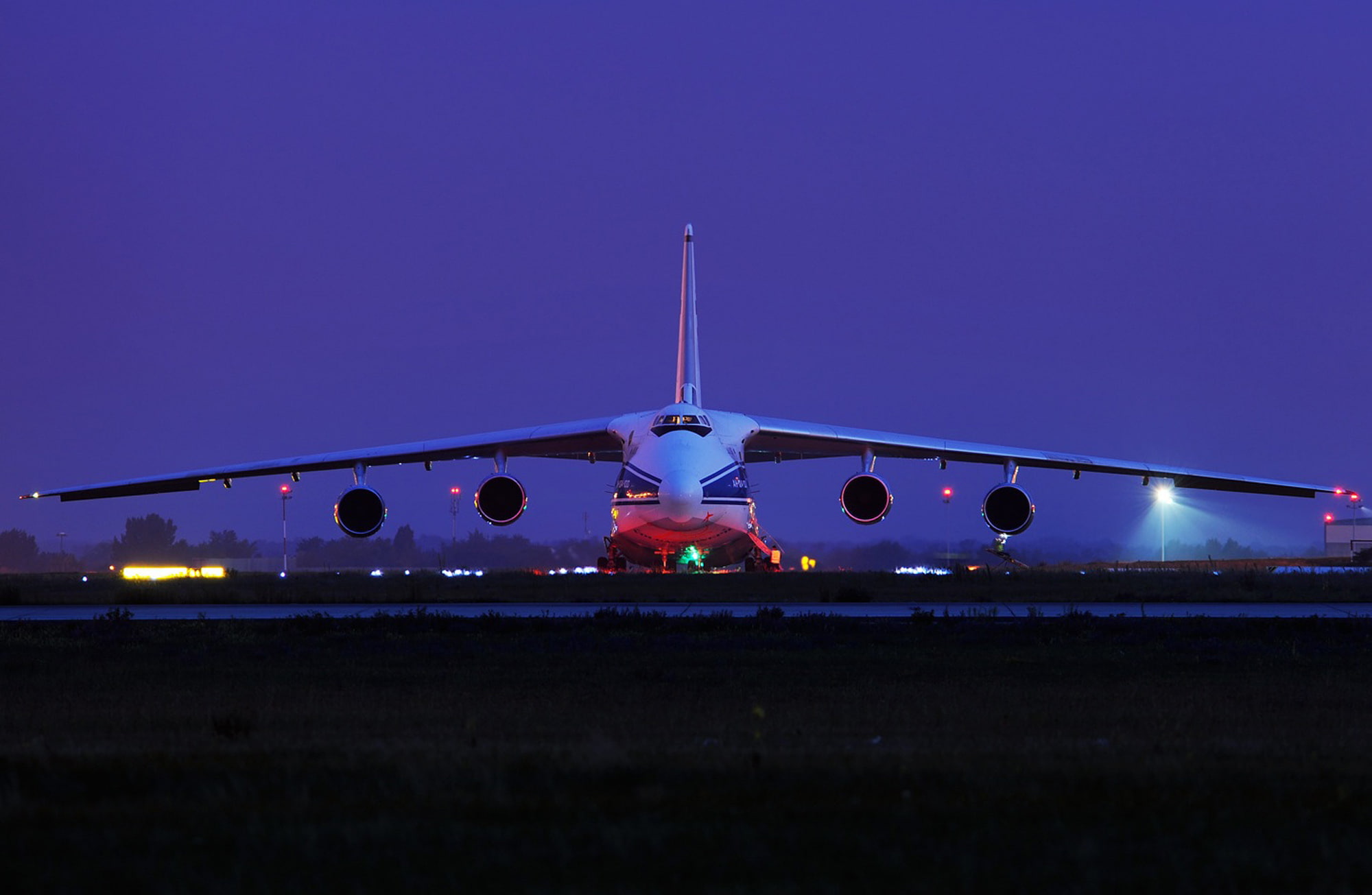 white airplane, Ruslan, transport, An-124-100, illuminated, sky