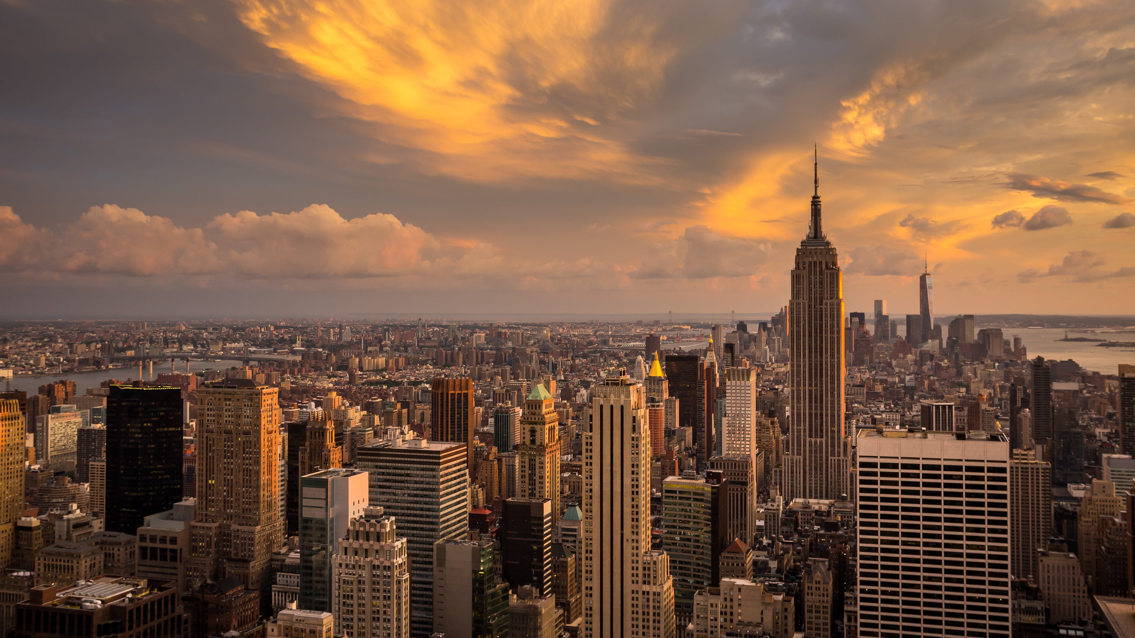 Empire State building, landscape, clouds, city, Manhattan, sunset