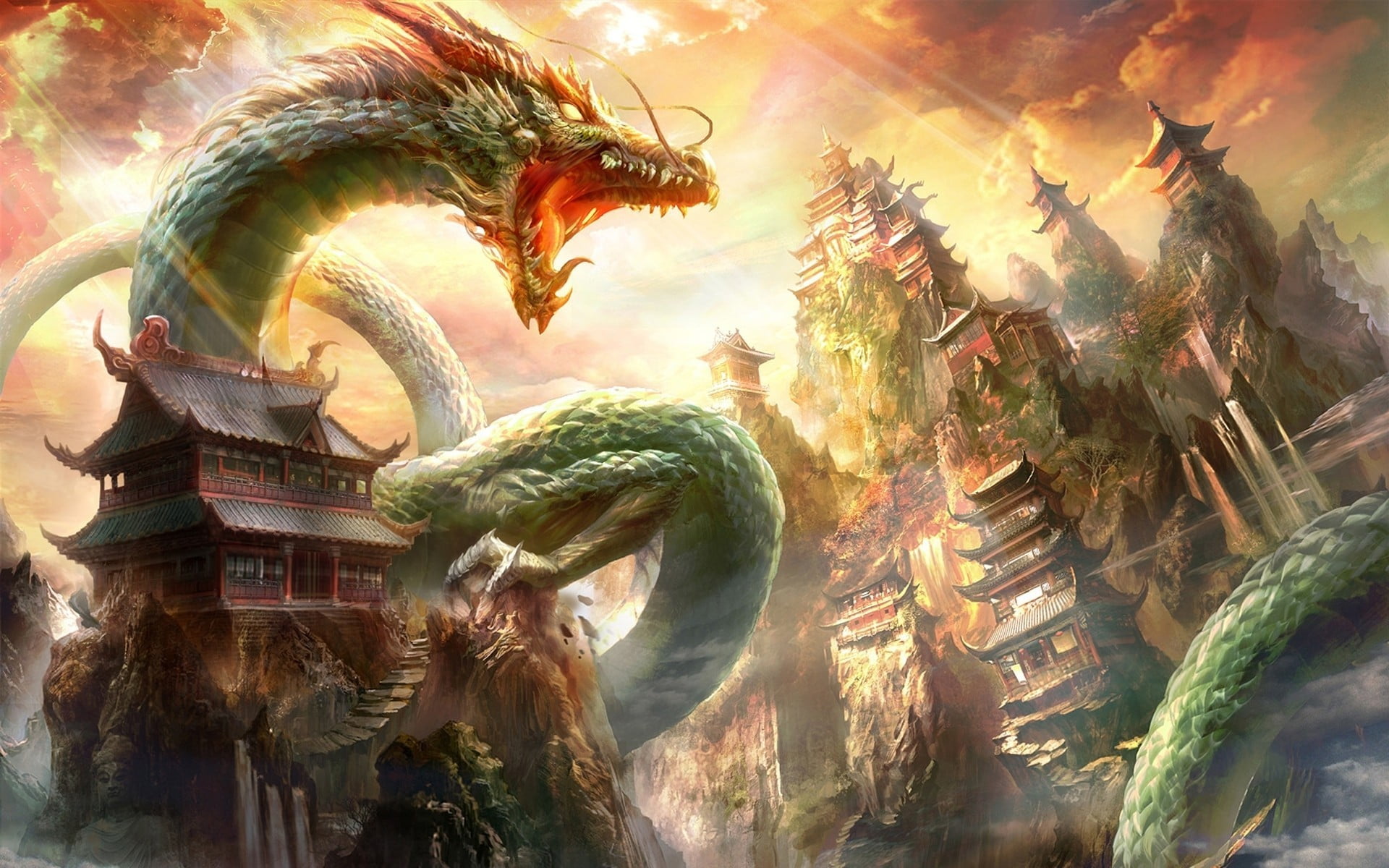 wyrm and temple on mountain digital wallpaper, fantasy art, dragon