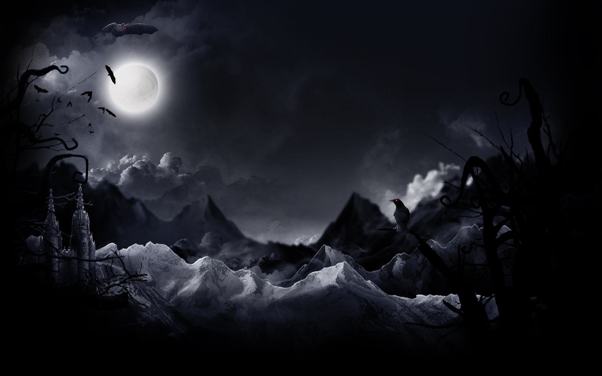Artistic, Night, Bat, Castle, Cloud, Dark, Moon, Raven, full moon