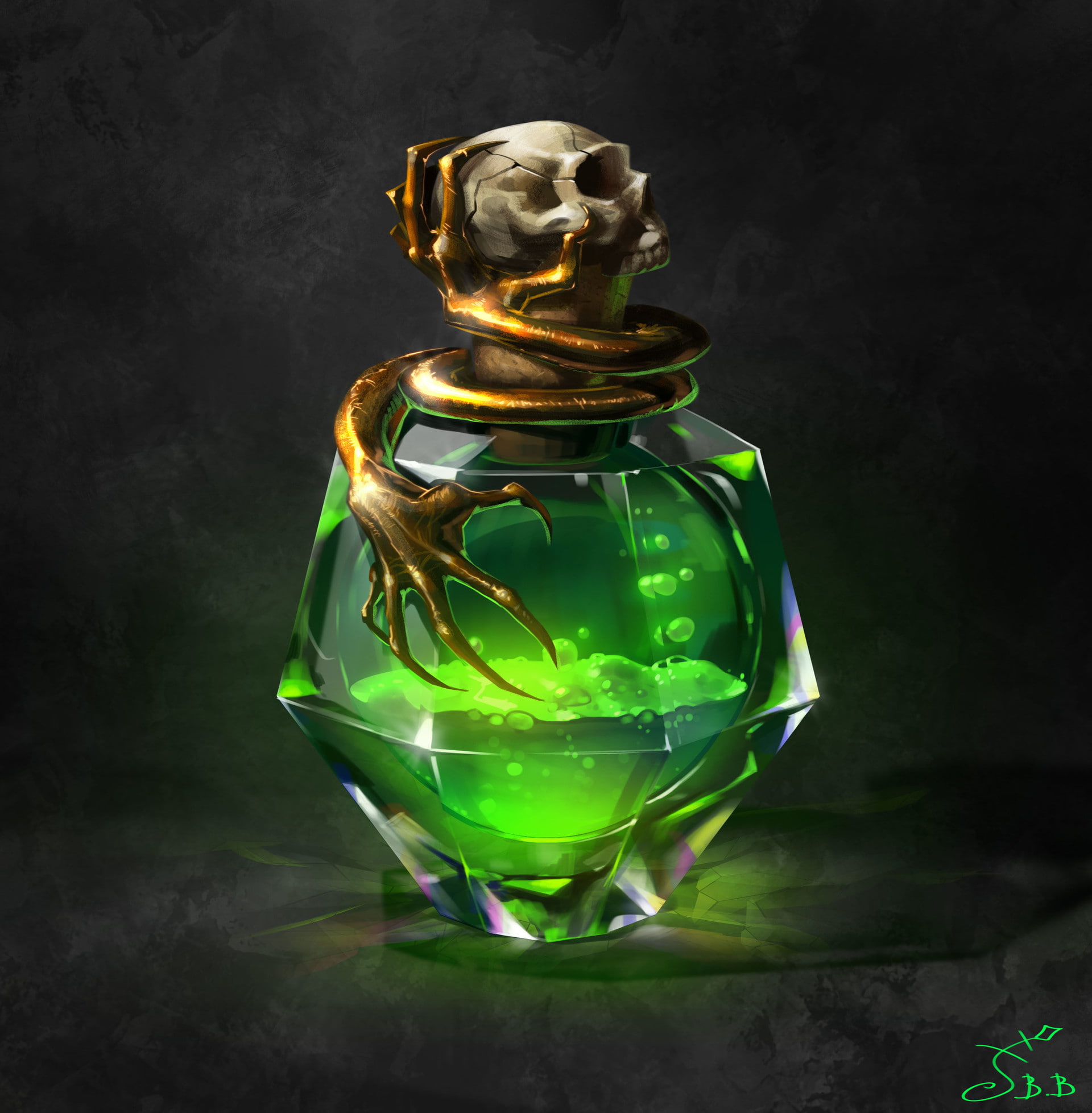 Vera Velichko, potions, Poison, skull, liquid, alchemy, green color