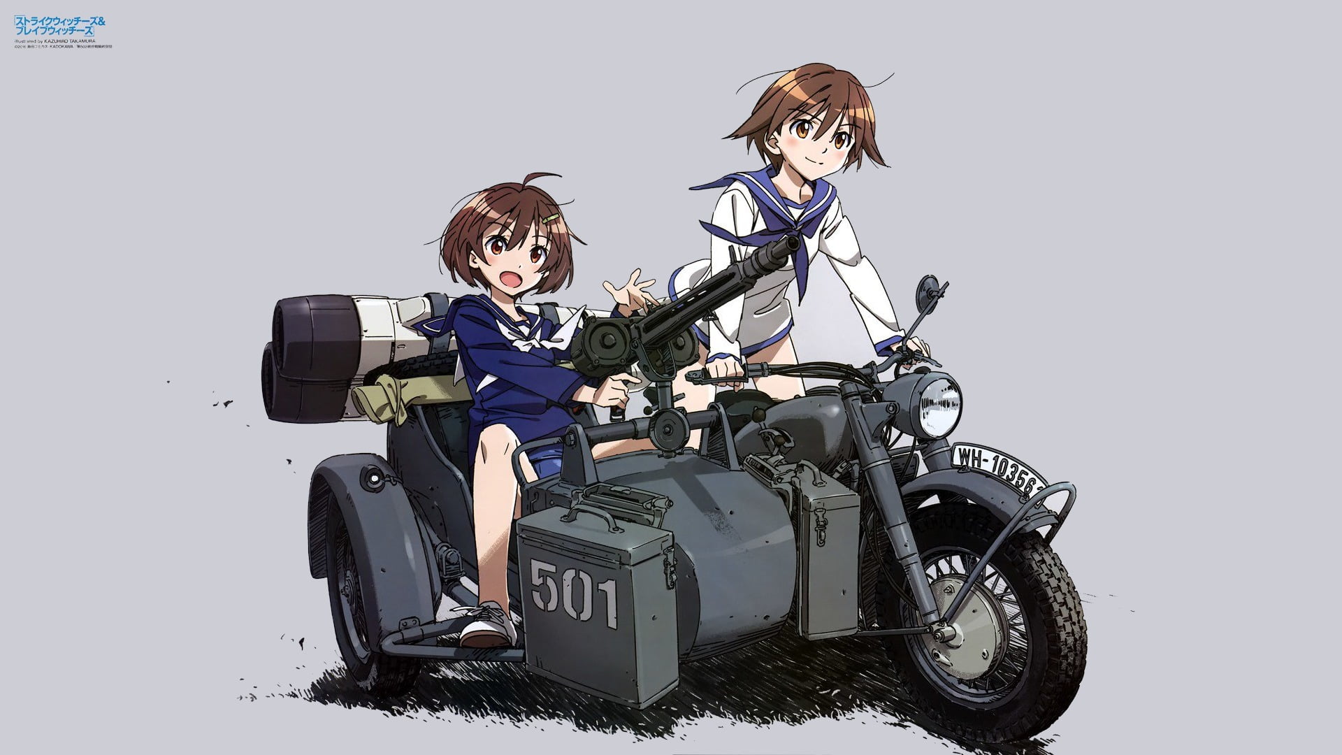anime girls, motorcycle, machine gun, girls with guns, simple background