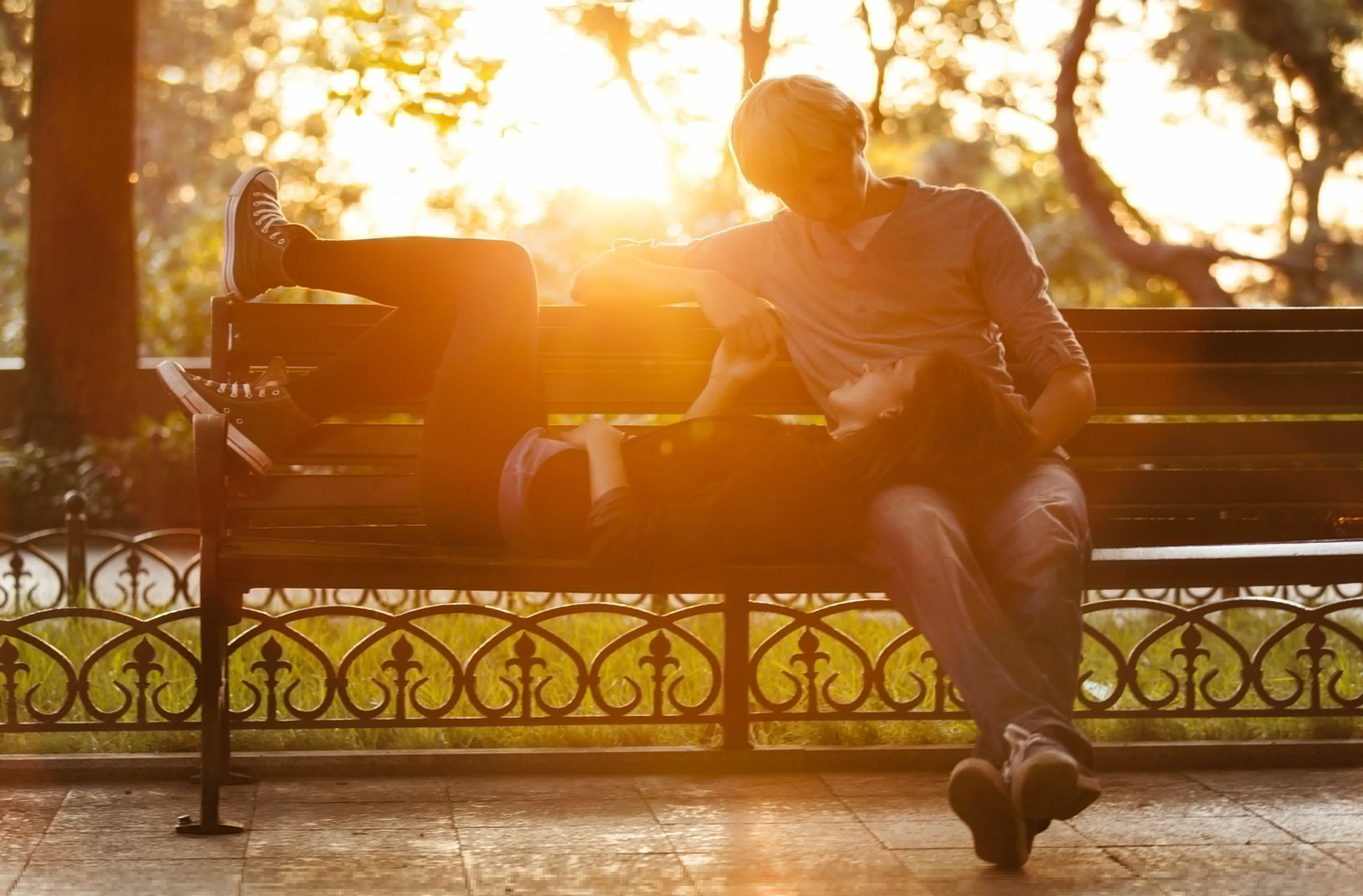 men's gray polo shirt and gray pants, girl, the sun, love, bench