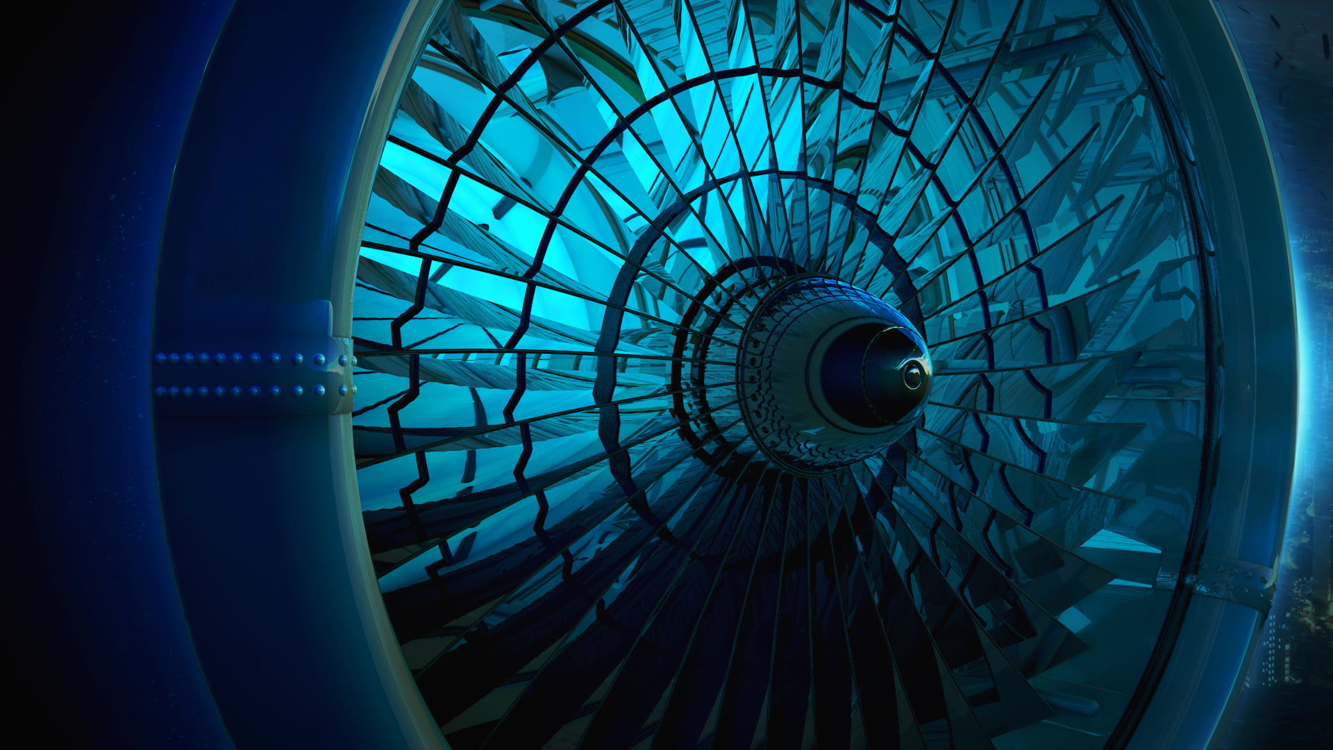 3D graphics, shining, turbine, blue, indoors, shape, pattern