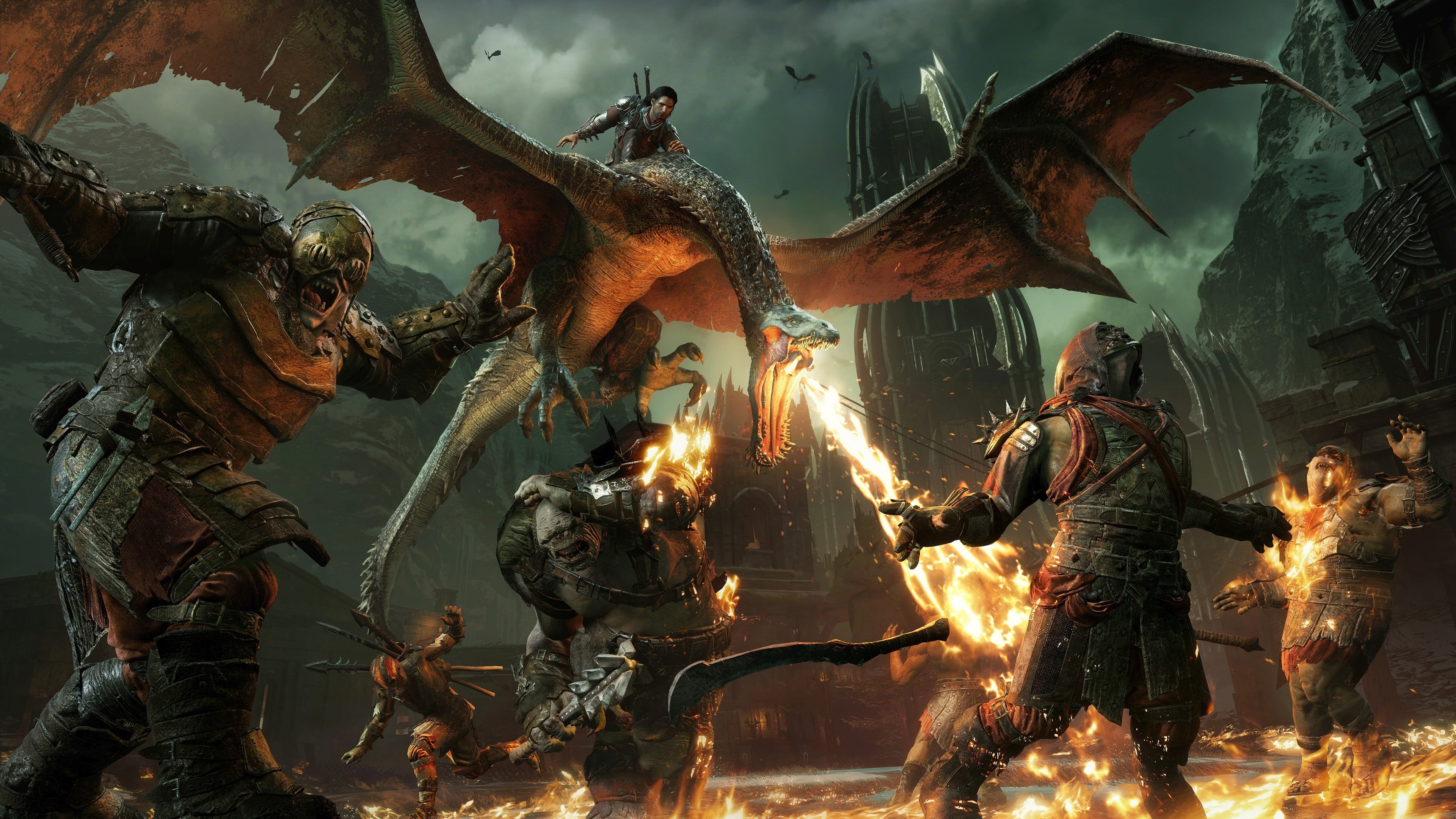 dragon breathing fire over knights video game illustration, Middle-earth: Shadow of War