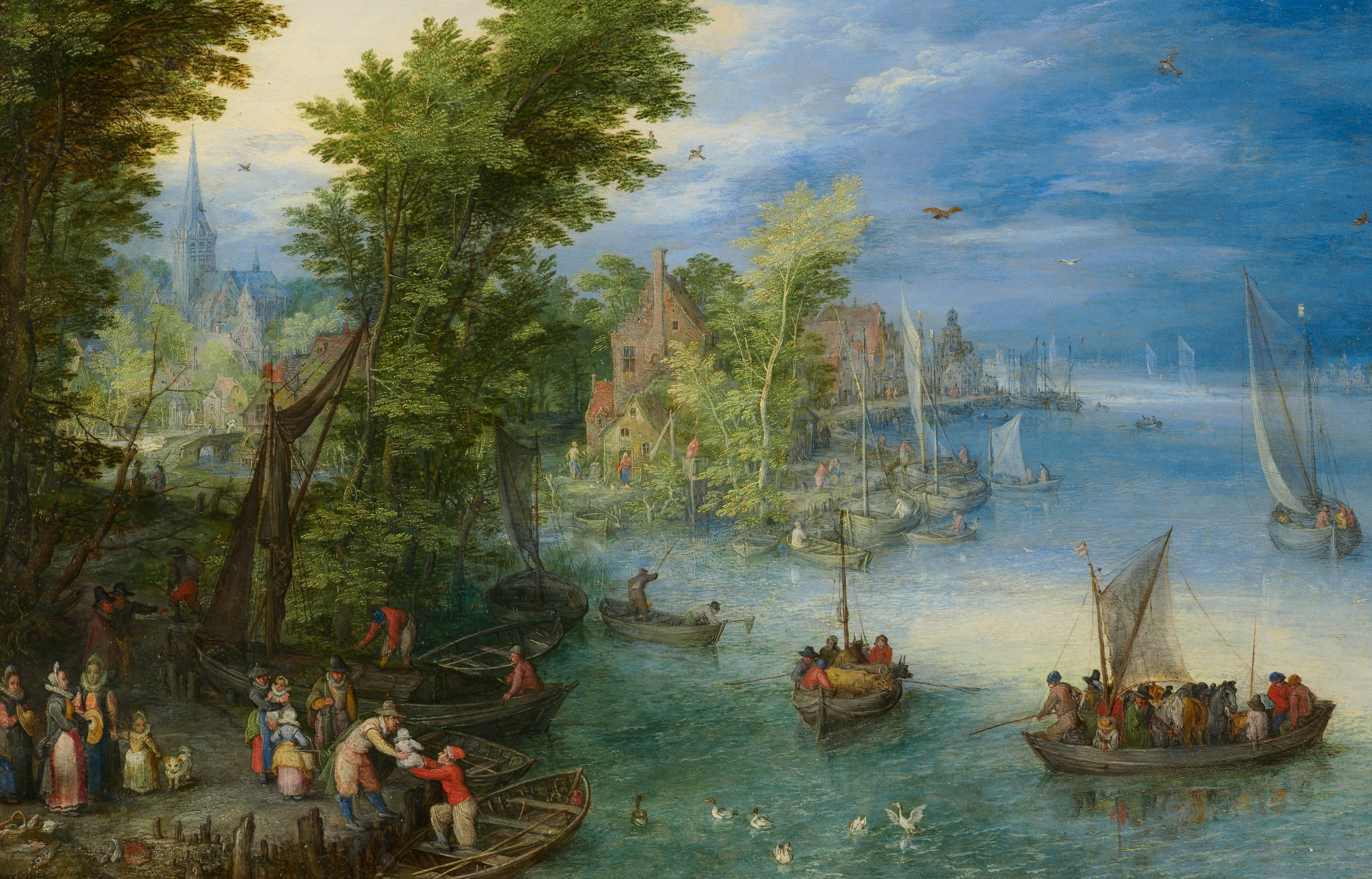 people, picture, boats, River Landscape, Jan Brueghel the elder