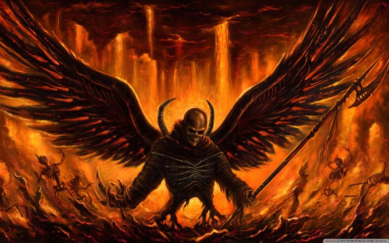 winged demon surrounded with flame graphic, Satan, Lucifer, Devil