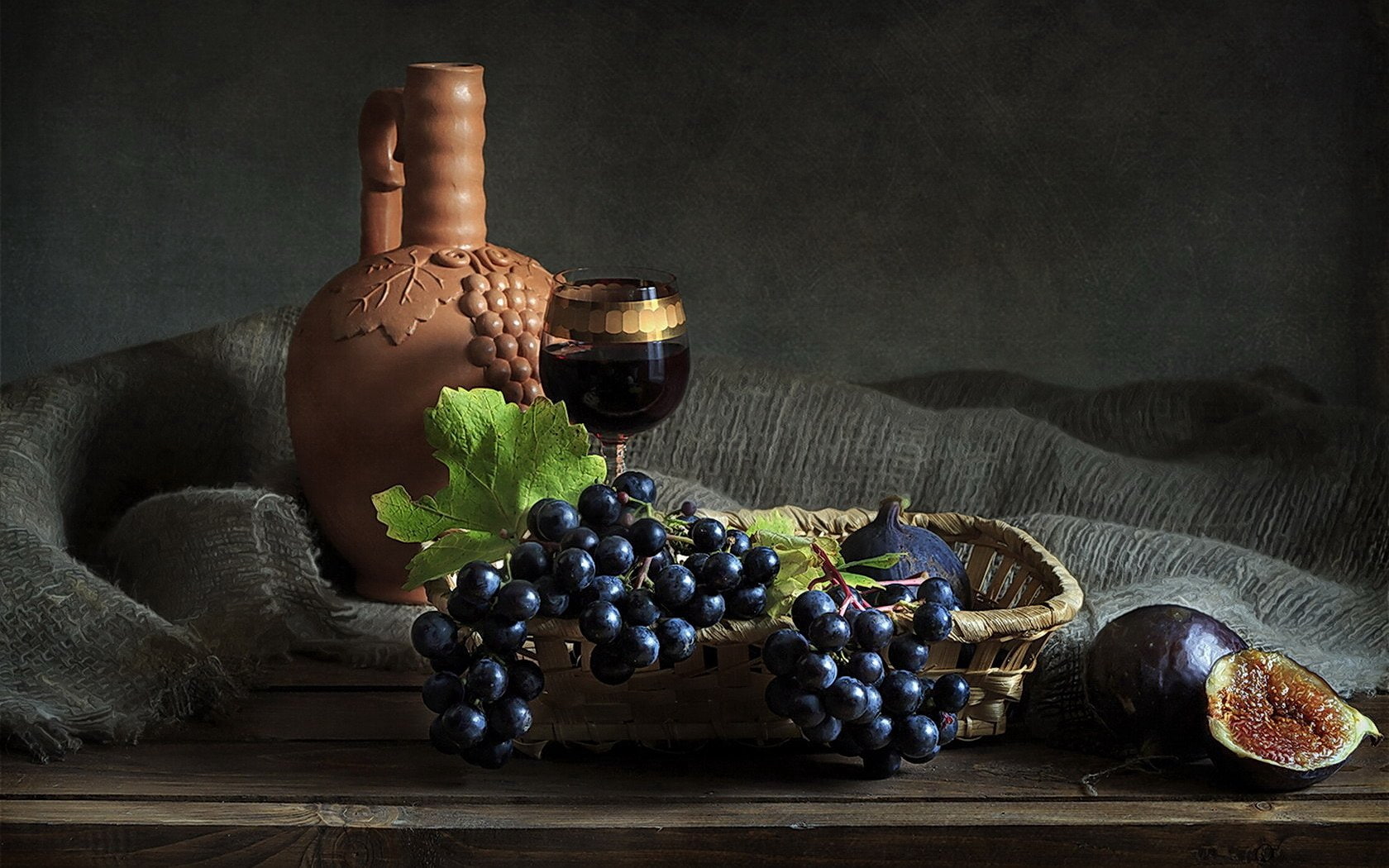 Photography, Still Life, Grapes, Leaf, Pitcher, Wine