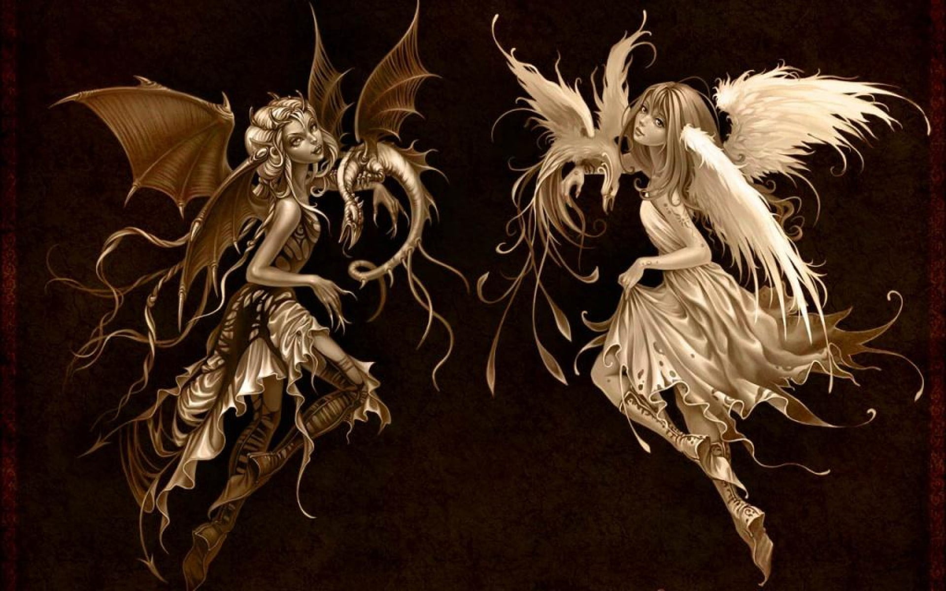 angel and demon girls poster, wings, Devil, dragon, phoenix, black background