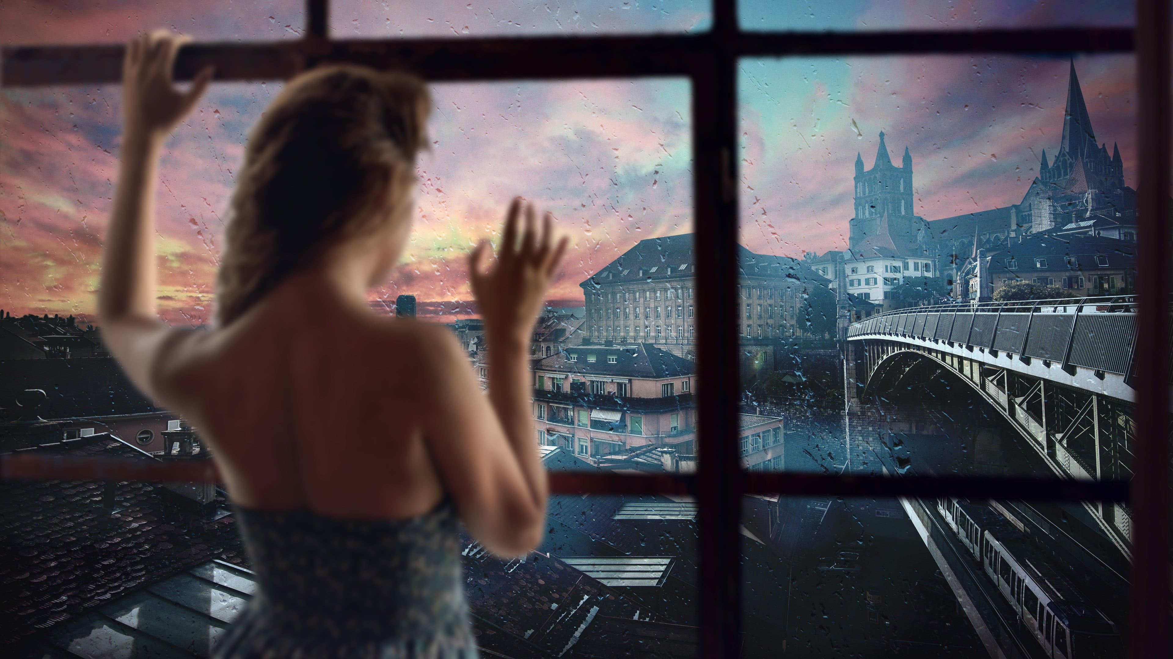 women's black tube top, rain, sunset, skyline, window, city, one person