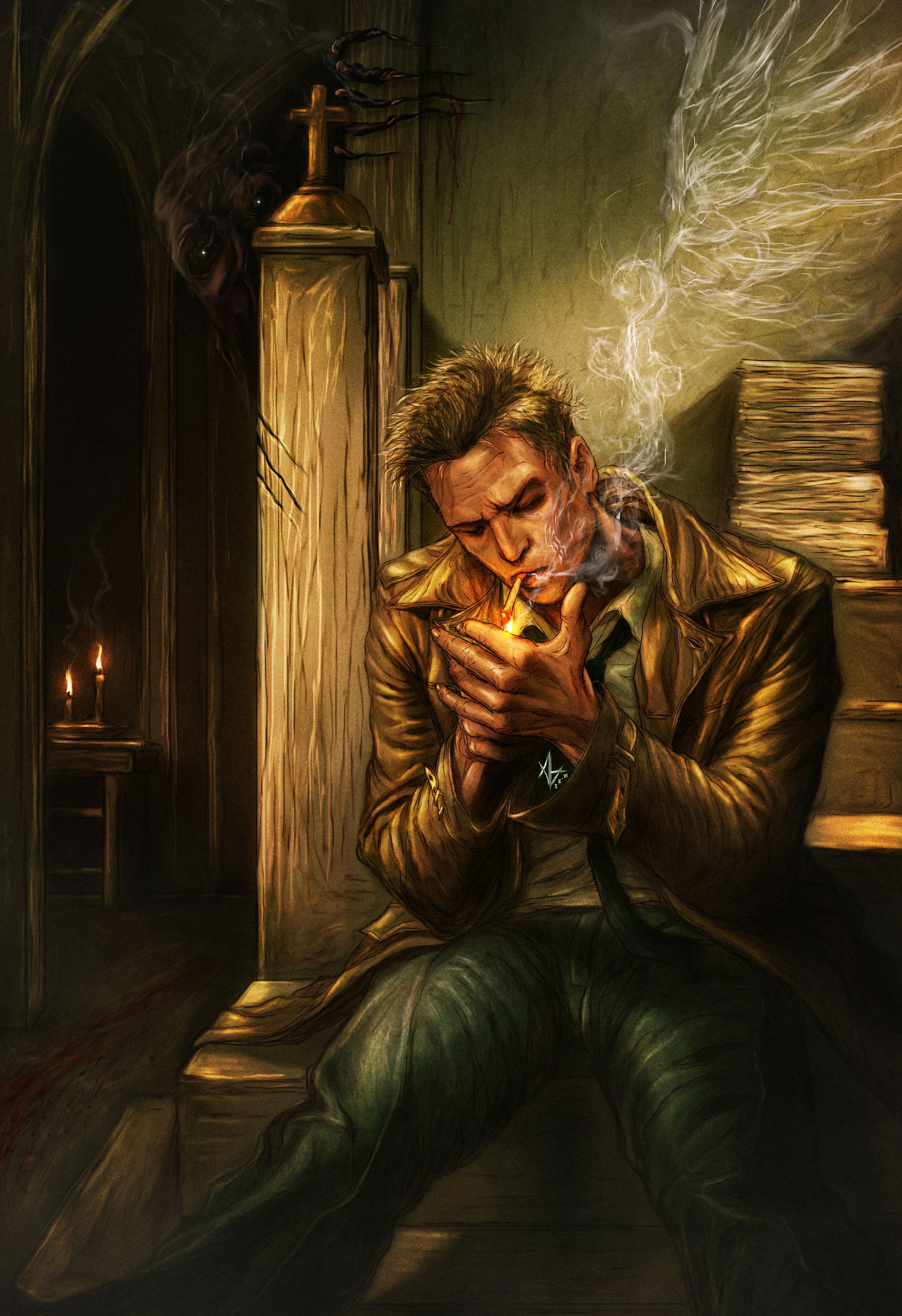 Vamkire Trannel, smoking, drawing, portrait display, John Constantine