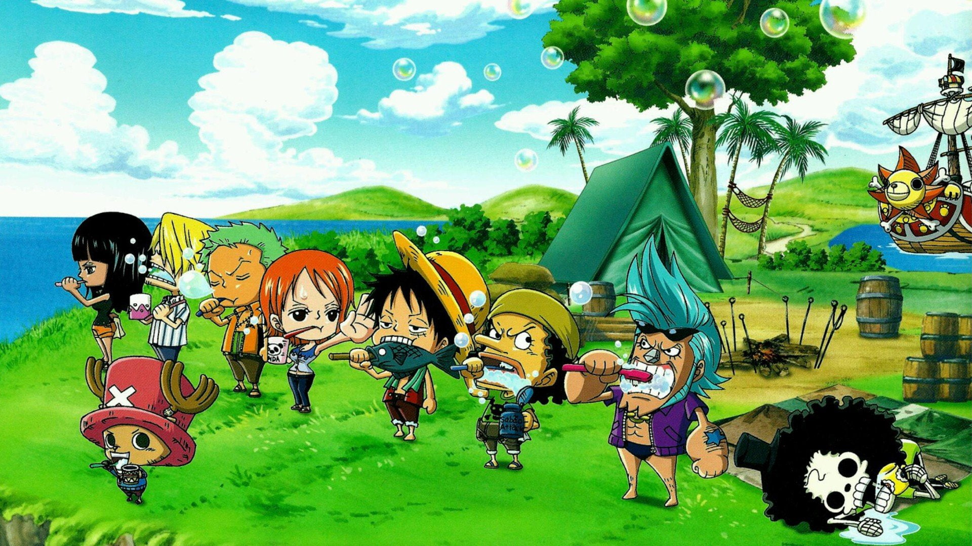 Brook, chibi, Franky, Monkey D. Luffy, Nami, Nico Robin, One Piece