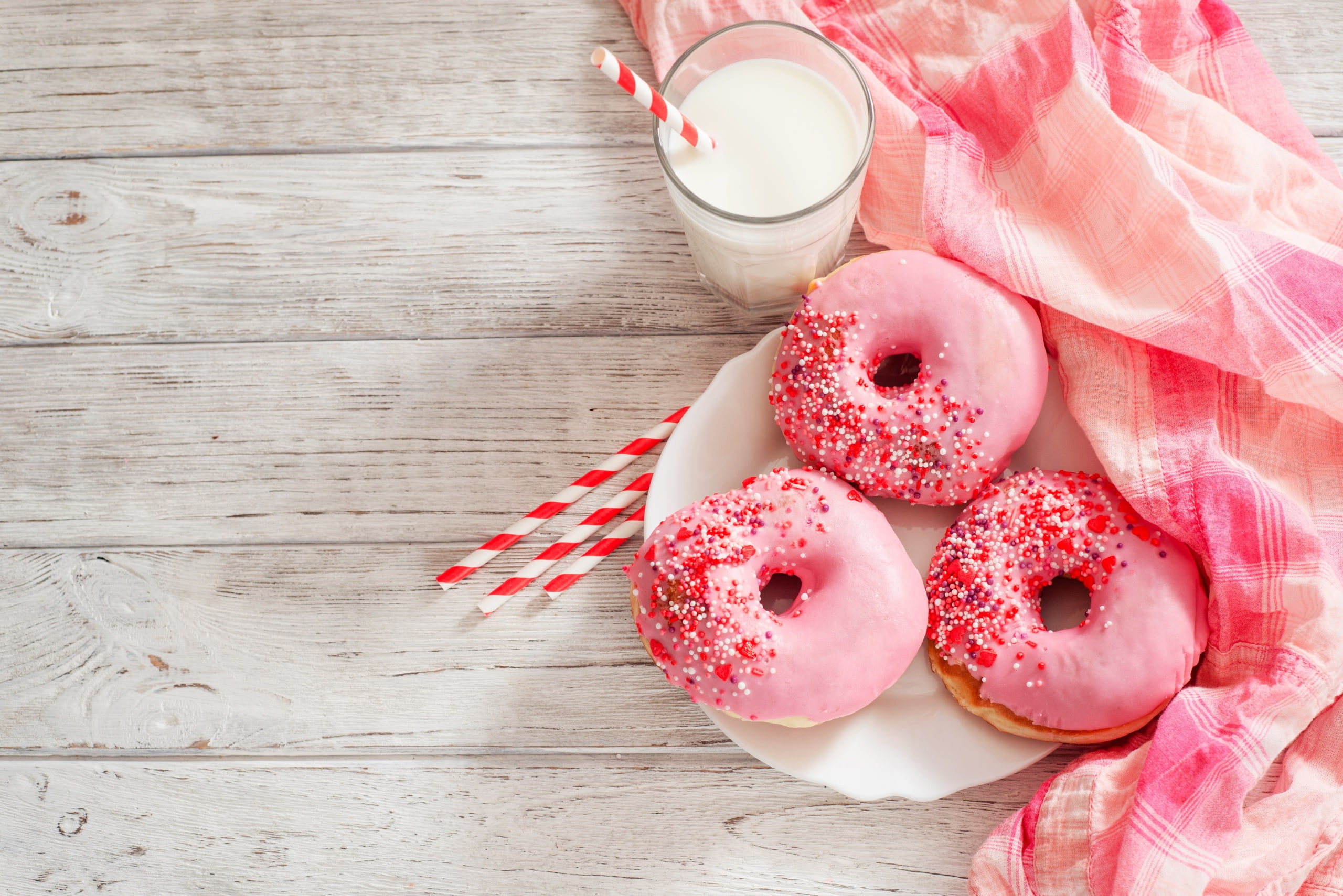 pink, donuts, milk, food, sweets