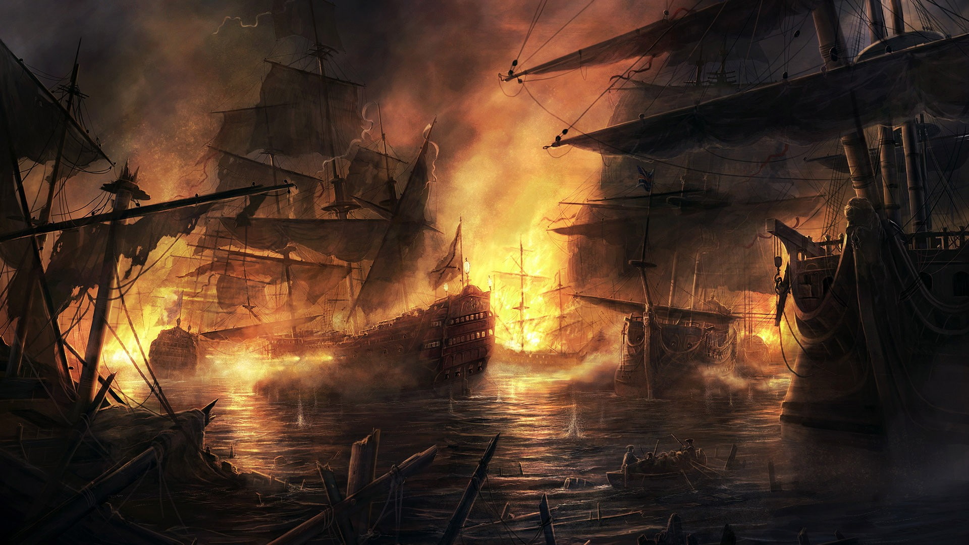 Empire: Total War, fire, sailing ship, cannons, smoke, armada