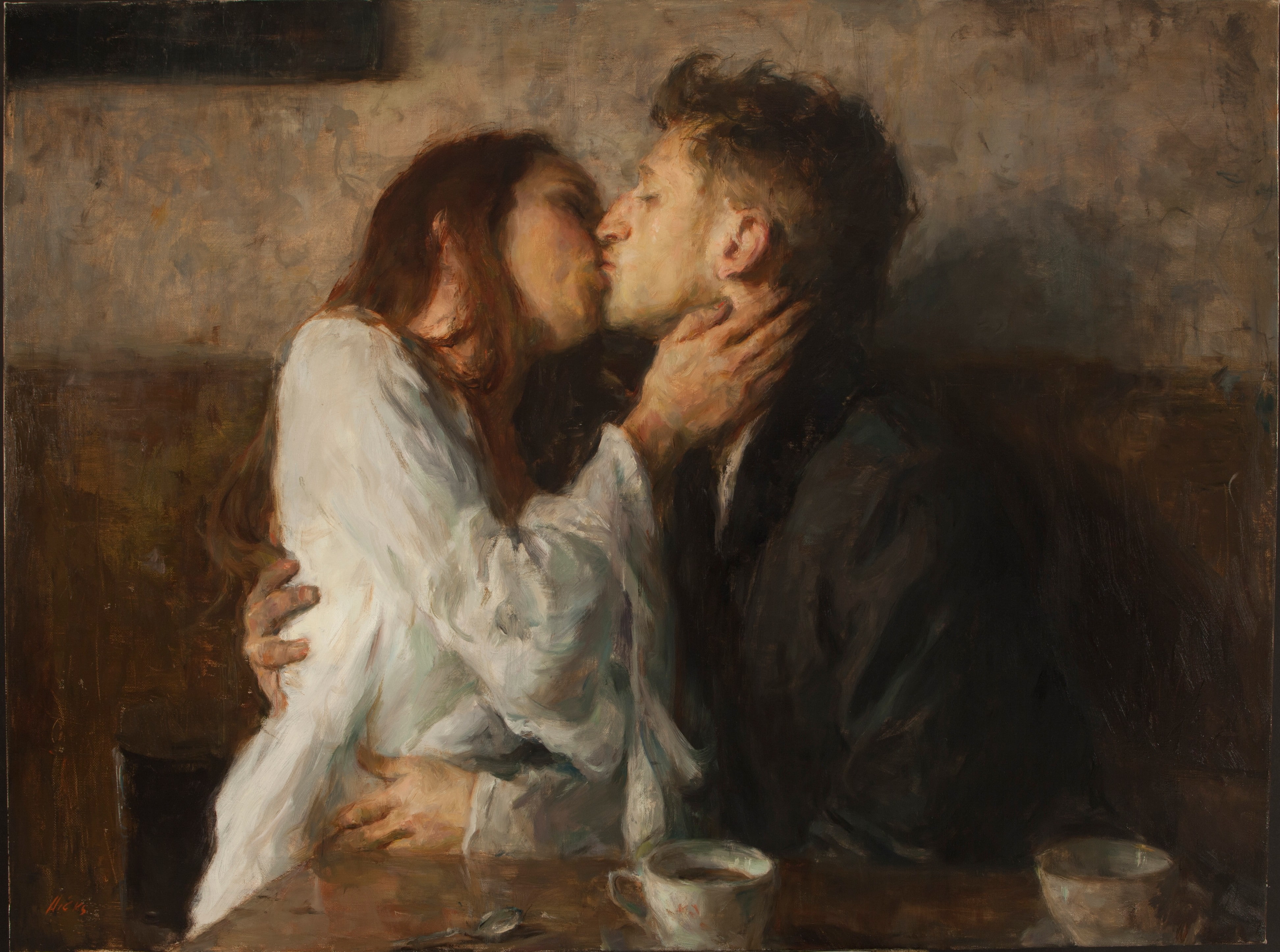 painting, couple, classic art, kissing, tea