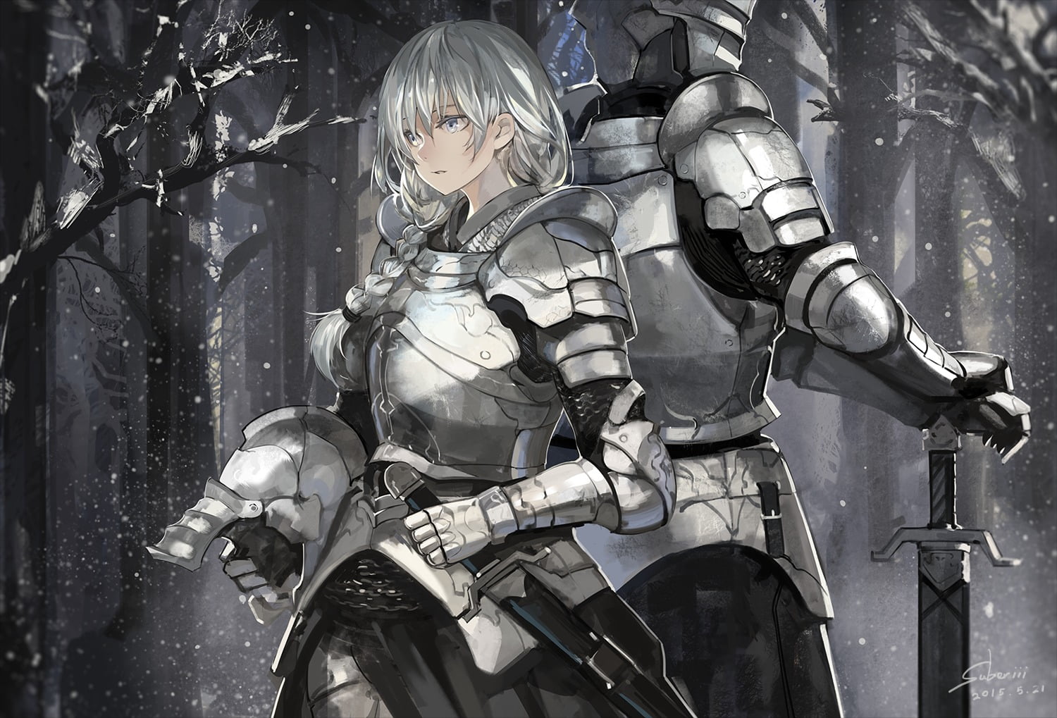 two knights near trees digital wallpaper, armor, sword, helmet