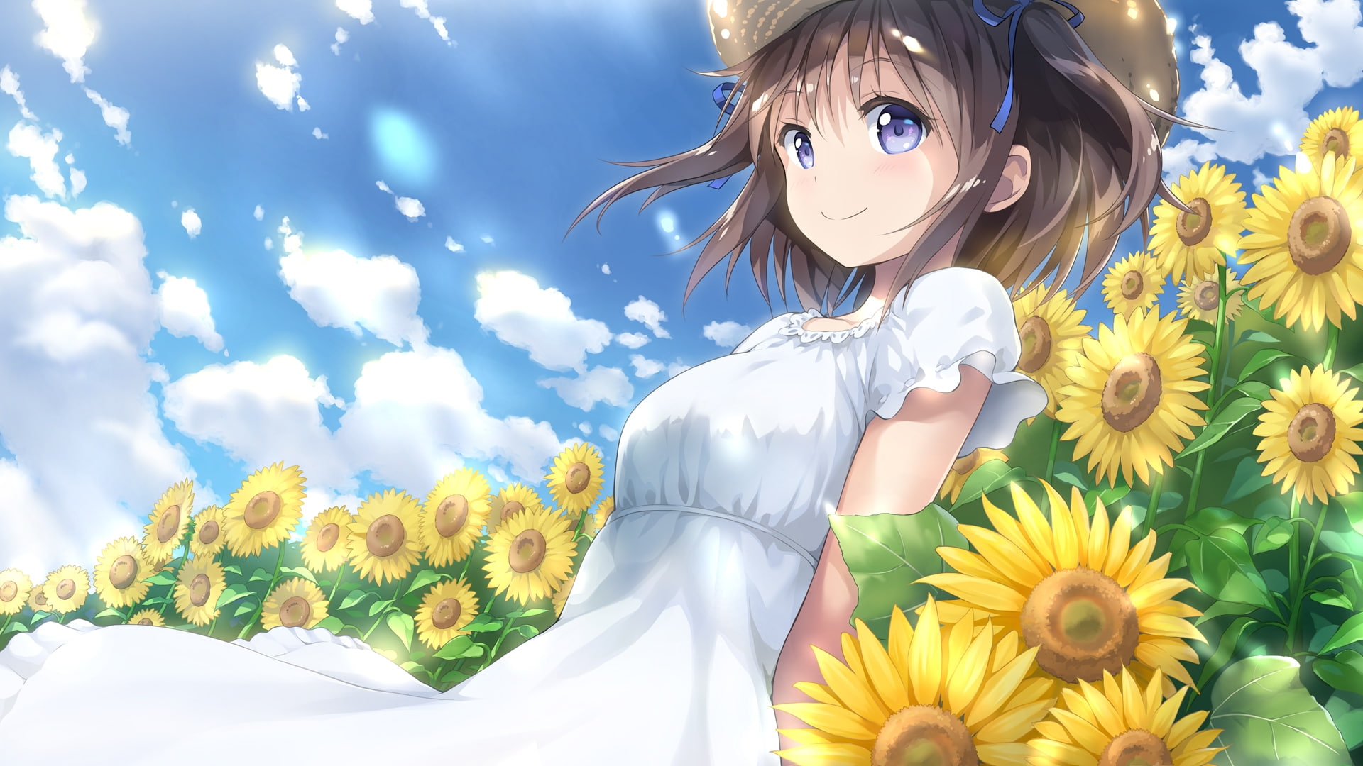 sunflowers, summer, dress, short hair, anime girl, flowering plant