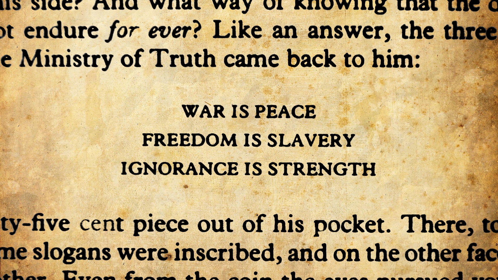 black text overlay, 1984, George Orwell, books, quote, single Word