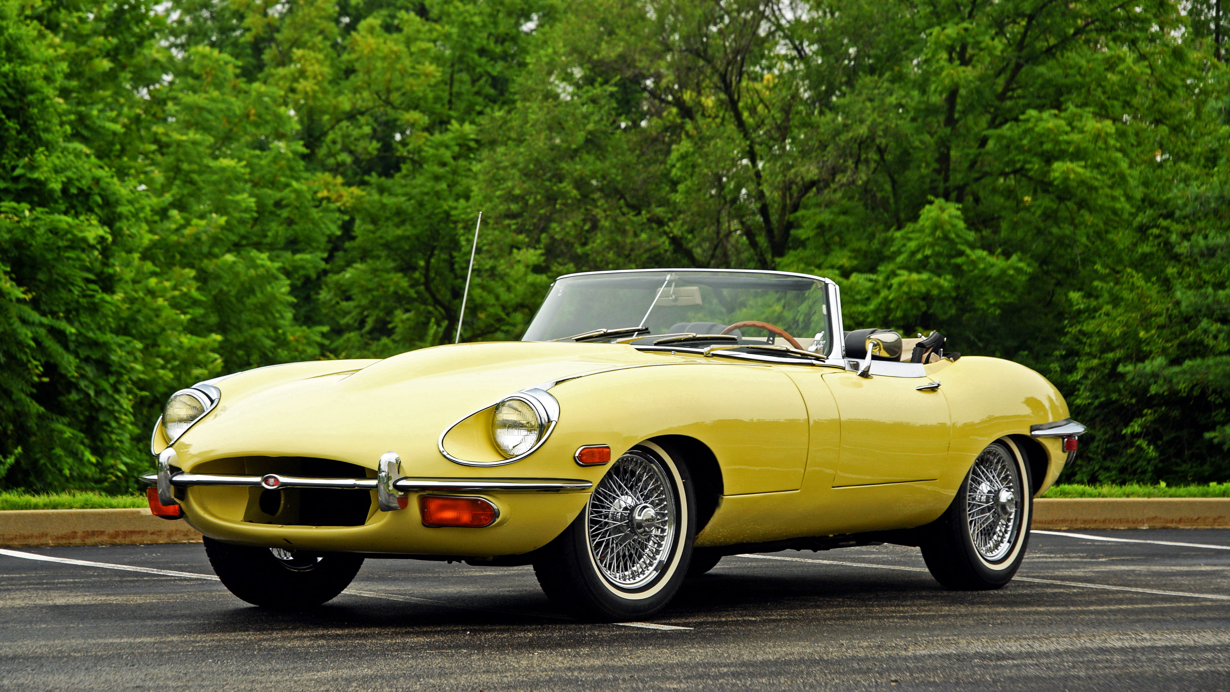 vintage yellow convertible coupe, jaguar, e-type, 1968, car, sports Car
